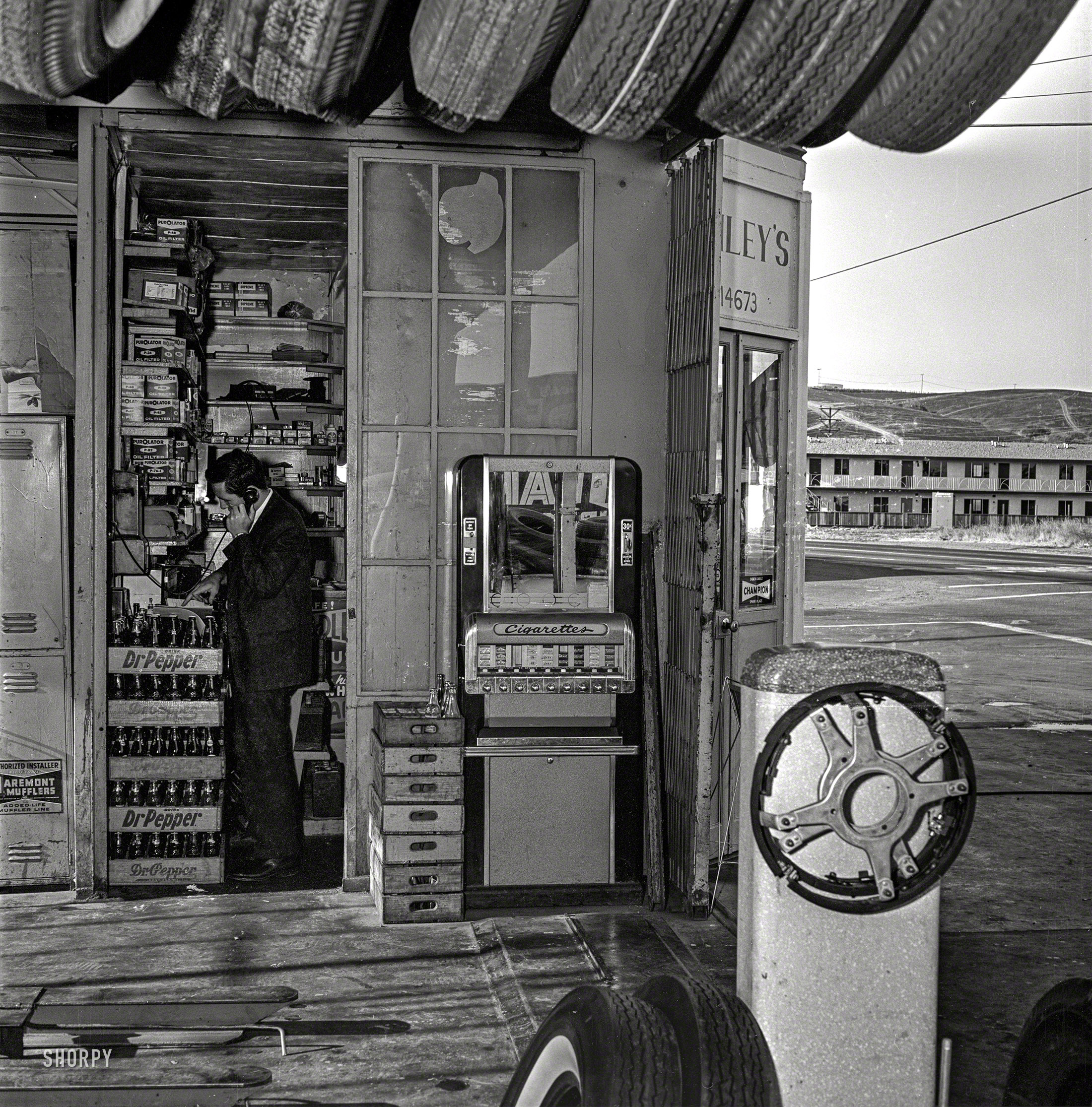 From a newspaper morgue somewhere in California comes this undated medium-format mid-century negative with the sketchy notation "Oakland service station." Who can help us to fill in the blanks? View full size.