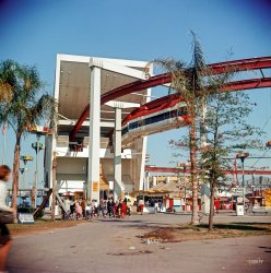 Tropical greenery notwithstanding, this isn't Bora Bora, Anaheim or even Orlando. "1965. Monorail station, New York World's Fair, Flushing Meadows" is the caption. Over to the left: "Florida Exhibits and Porpoise Show." Medium format color transparency, photographer unknown. View full size.