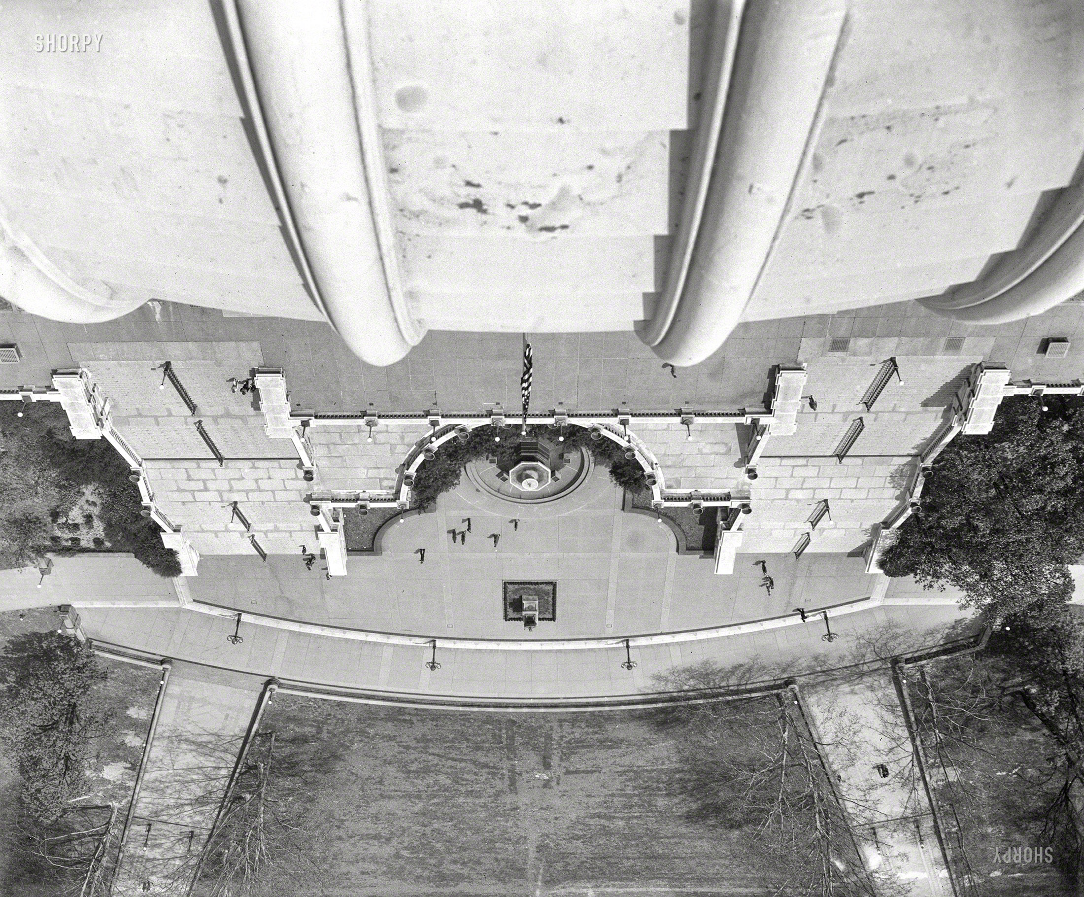 1935. Washington, D.C. "View looking down from U.S. Capitol dome, West Front." Harris & Ewing Collection glass negative. View full size.