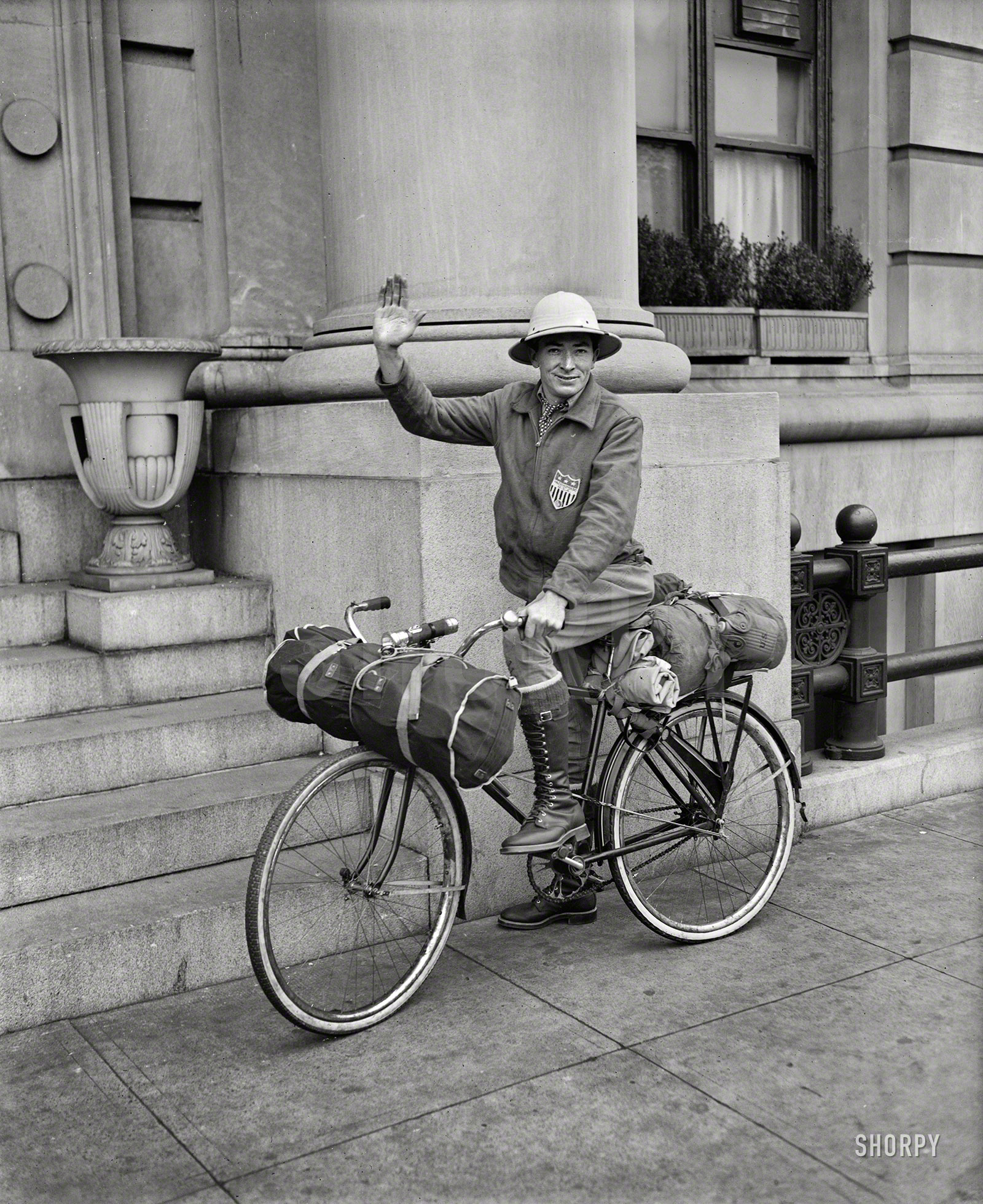 &nbsp; &nbsp; &nbsp; &nbsp; Ready for international bicycle ride. Henry G. Slaughter of Washington, supported by those interested in publicizing the Inter-American Highway, prepares to leave for a trip which will carry him, if he is successful, down into the tropics through Central America to the Argentine.
November 23, 1935. Washington, D.C. "Henry G. Slaughter." Harris & Ewing Collection glass negative. View full size.
