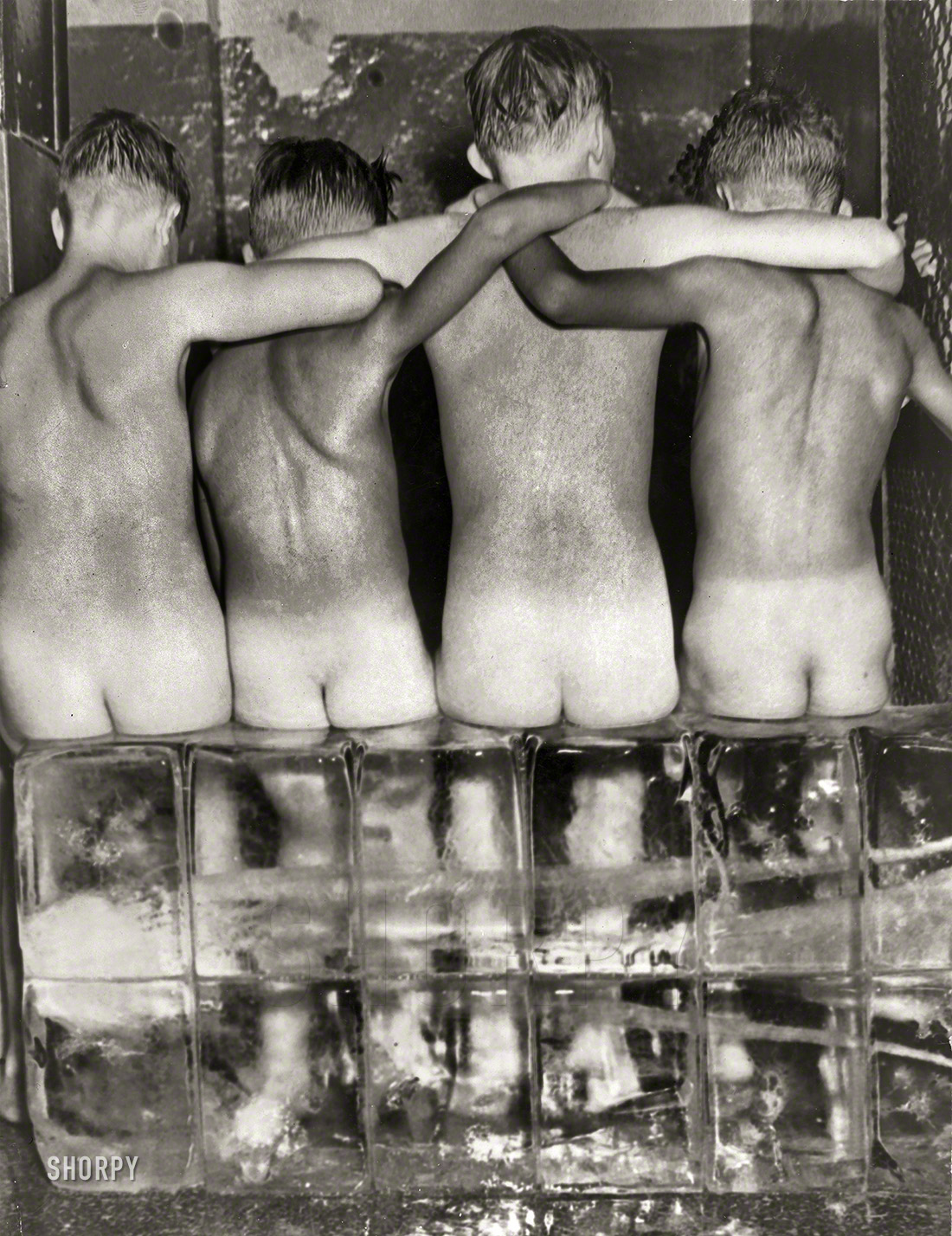 Washington, D.C., circa 1950. "Four naked boys, viewed from behind, sitting on large blocks of ice." Photo by Aaron Miller. View full size.