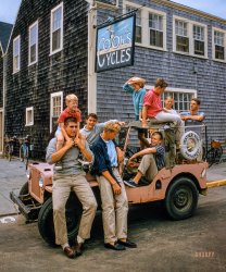 August 1957. "Nantucket, Mass. Jock Gifford's 'Pink Heap' beach buggy."  35mm Kodachrome by Toni Frissell for the Sports Illustrated assignment "Nantucket Essay." View full size.