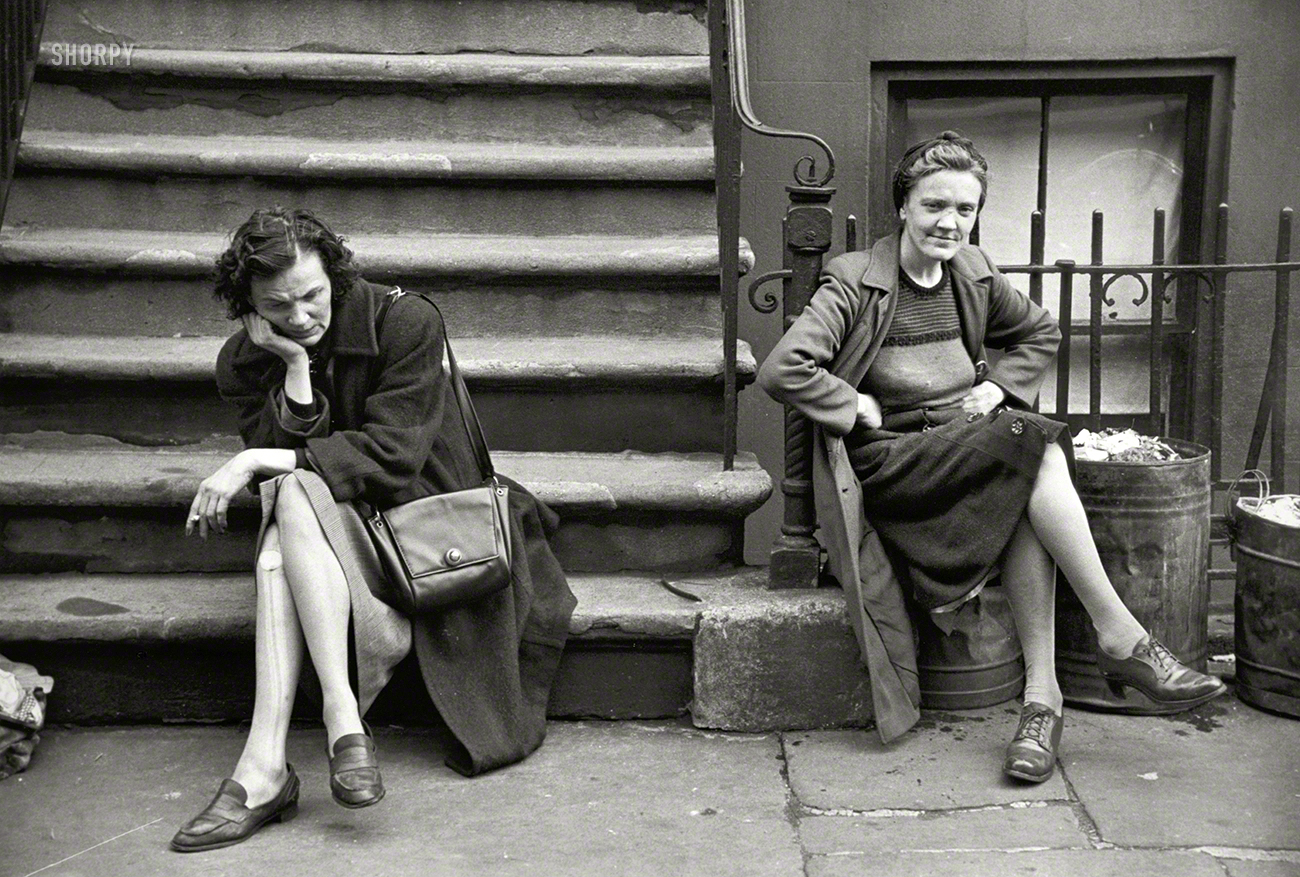 "Alcoholics, Greenwich Village, NYC, 1947." Gelatin silver print by the pioneering photojournalist Ruth Orkin. View full size.