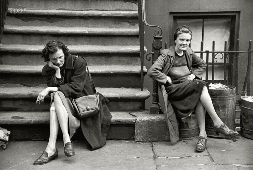 "Alcoholics, Greenwich Village, NYC, 1947." Gelatin silver print by the pioneering photojournalist Ruth Orkin. View full size.
