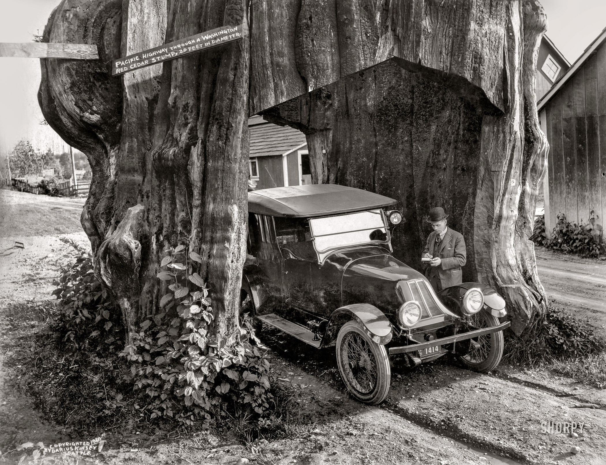 1920. "Pacific Highway through a Washington red cedar stump, 20 feet in diameter (man and automobile in tunnel of giant tree stump)." Photo by Darius Kinsey, Seattle. View full size.