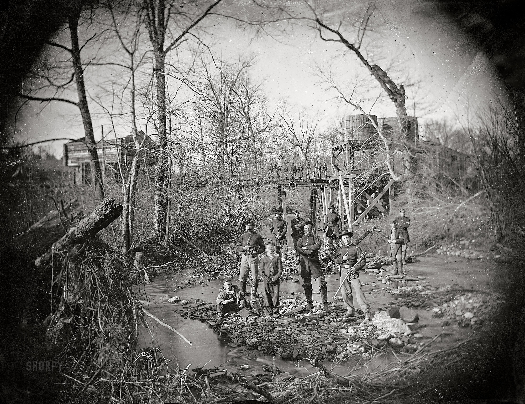 1864. "Federal cavalry guarding the Orange & Alexandria R.R. near Union Mills, Virginia." Wet plate glass negative by Mathew Brady -- National Archives. View full size.