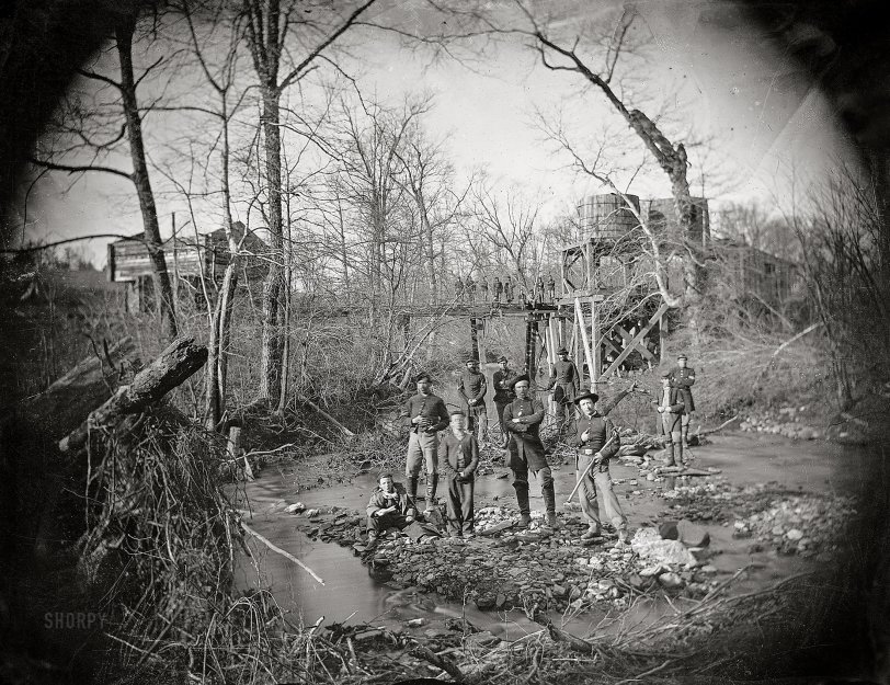 1864. "Federal cavalry guarding the Orange &amp; Alexandria R.R. near Union Mills, Virginia." Wet plate glass negative by Mathew Brady -- National Archives. View full size.
