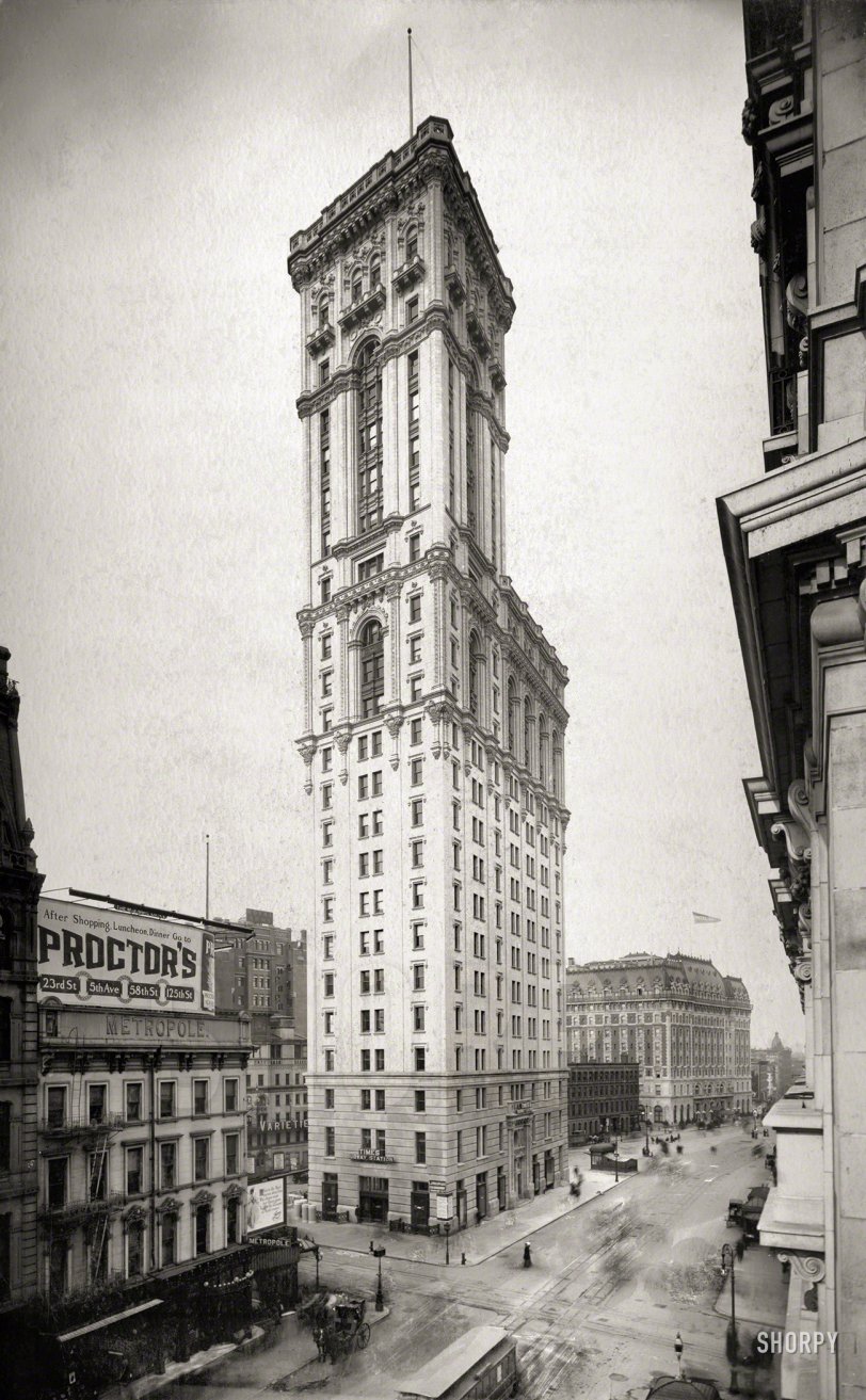 Manhattan circa 1906. "Times Building." The recently completed New York Times newspaper headquarters, now encased in electronic signage and venue of the New Year's "ball drop," gave the former Longacre Square its current name. Photoprint by Irving Underhill. View full size.
