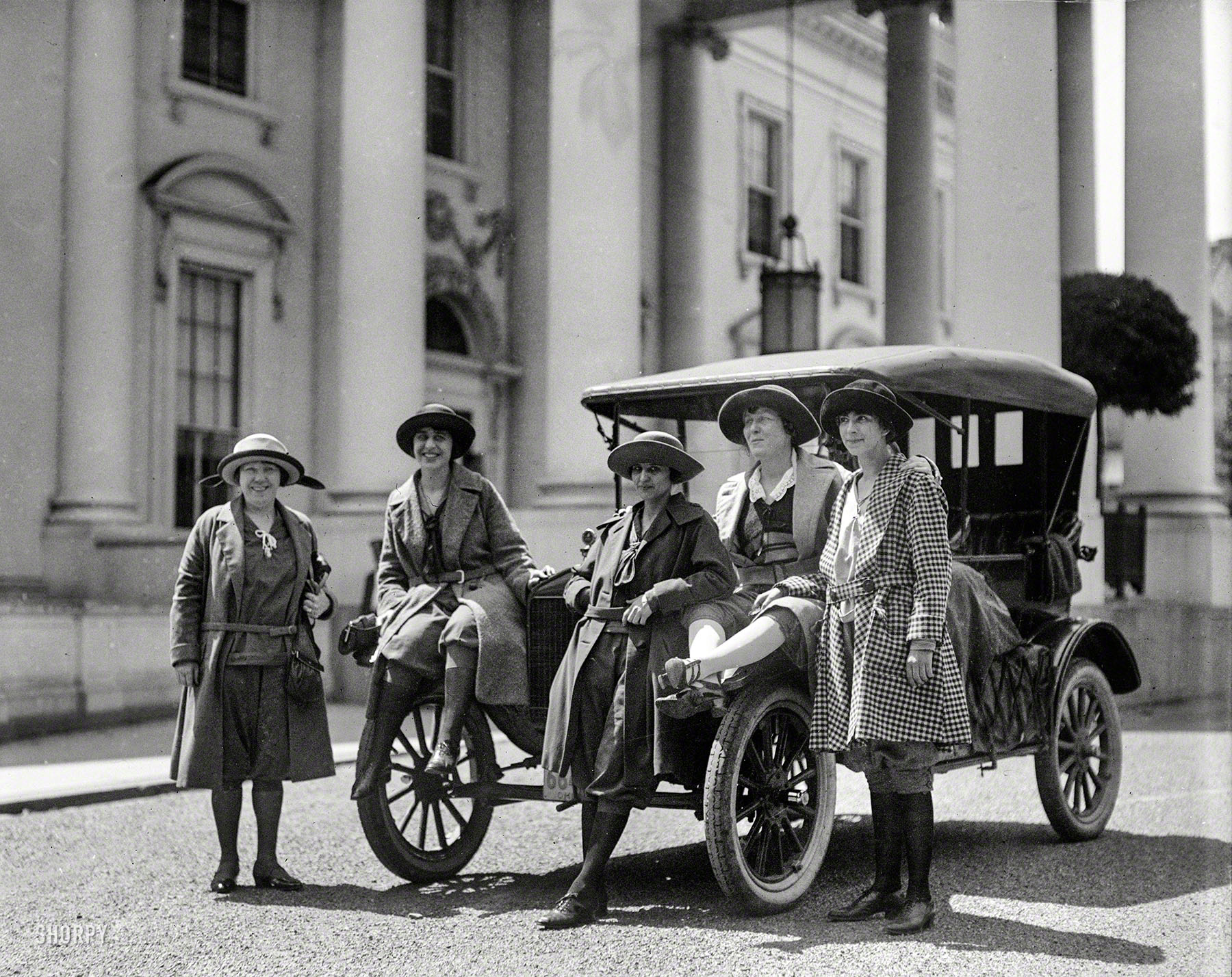 1922. Hoping for Harding: "Group of women with automobile at White House." Harris & Ewing Collection glass negative. View full size.