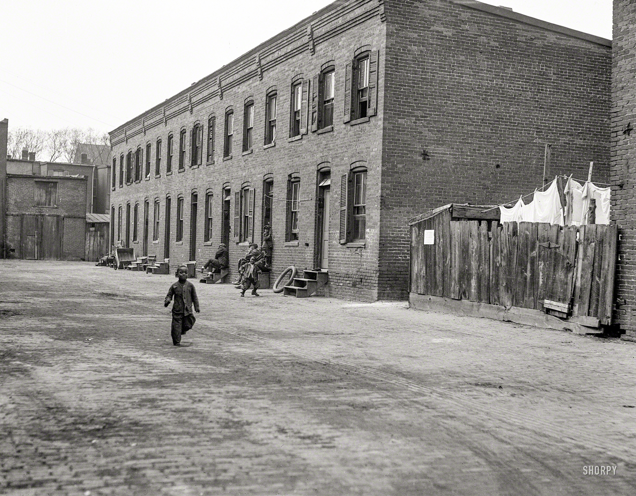 "City rowhouses." Another entry in this series of Harris & Ewing views of back-alley Washington from 1923. 4x5 inch glass negative. View full size.