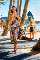 Honolulu, 1957. "On the beach at Waikiki." 35mm Kodachrome slide by Toni Frissell for the Sports Illustrated assignment "Hawaii -- The Sporting Look." View full size.