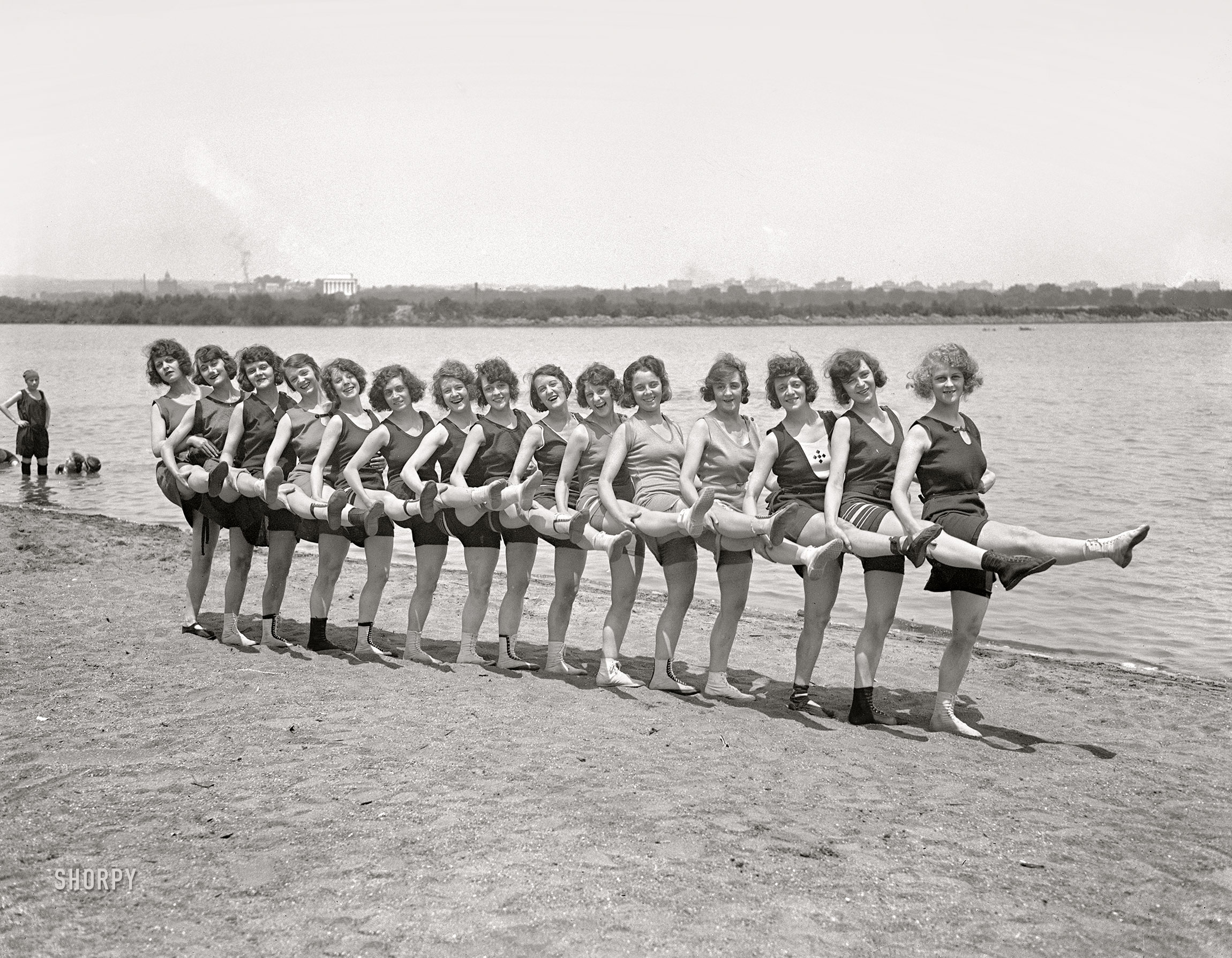 July 18, 1923. Washington, D.C. "Sunshine Girls dancing on beach." The British dance troupe last seen here, visiting the national capital for an engagement at the B.F. Keith vaudeville house. Harris & Ewing glass negative. View full size.
