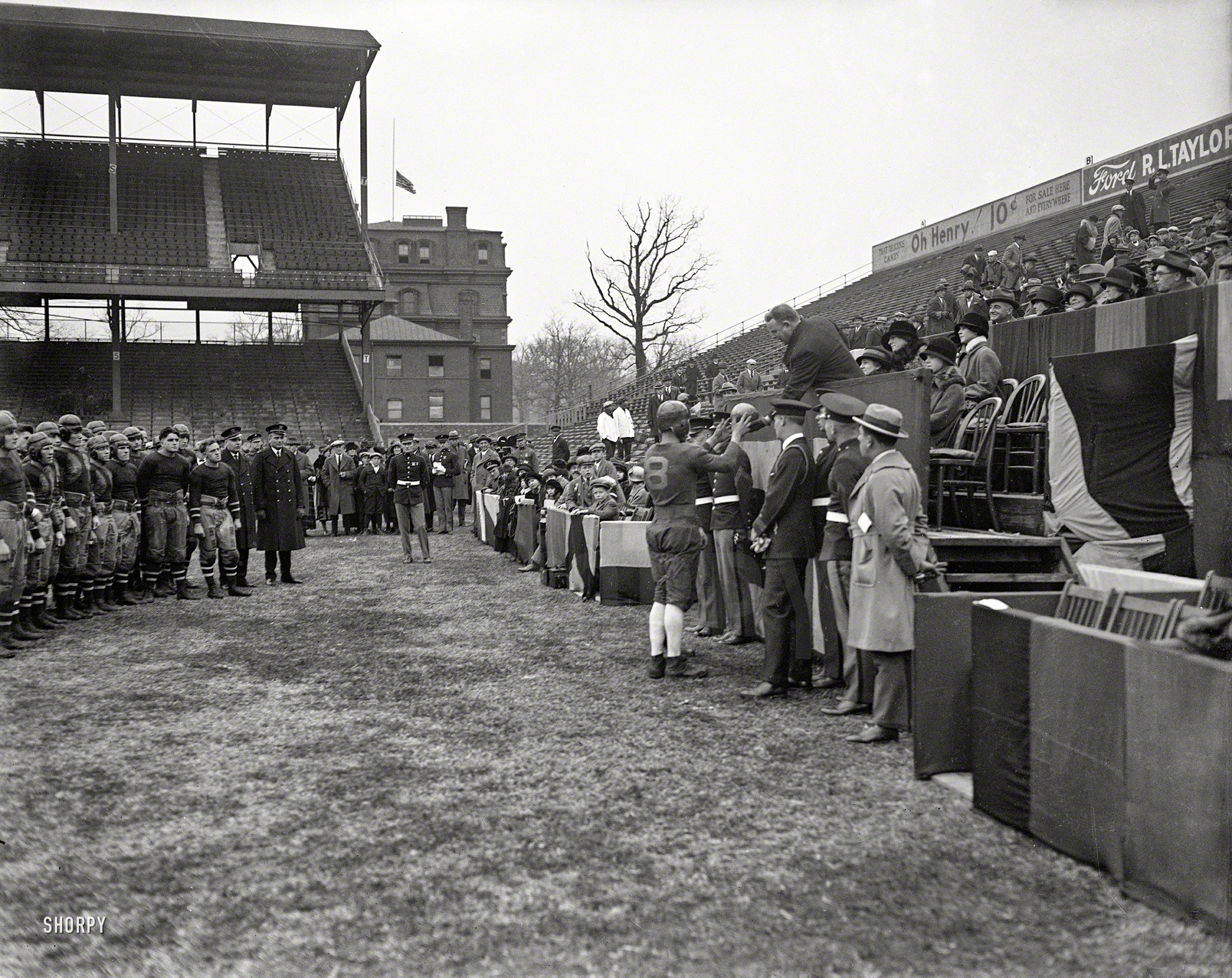 Washington, D.C., 1924. "No caption (football team at stadium") is all it says here. Who can help fill in the blanks? Harris & Ewing glass negative. View full size.