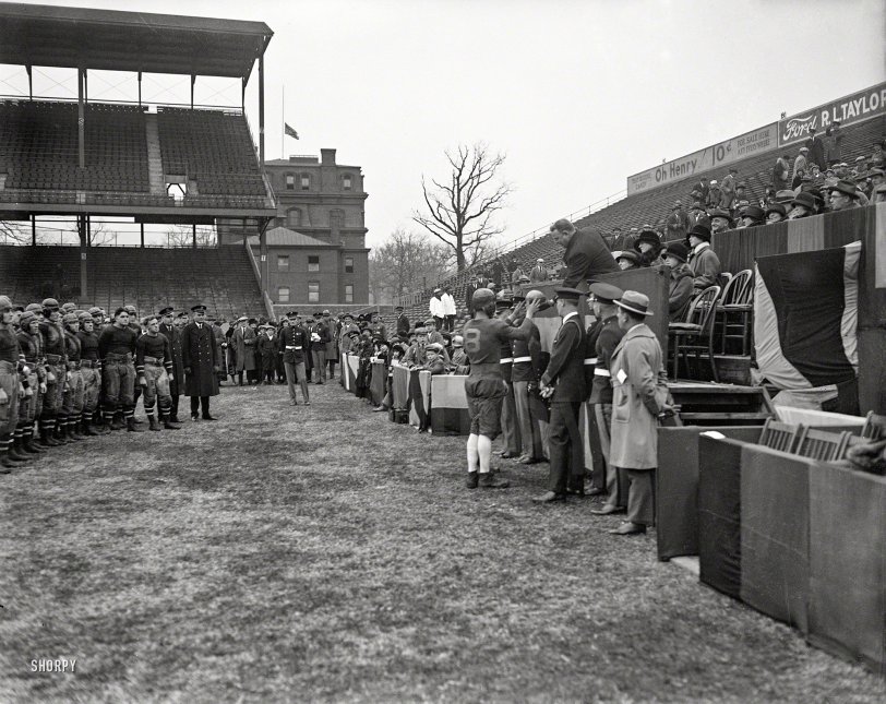 Washington, D.C., 1924. "No caption (football team at stadium") is all it says here. Who can help fill in the blanks? Harris &amp; Ewing glass negative. View full size.
