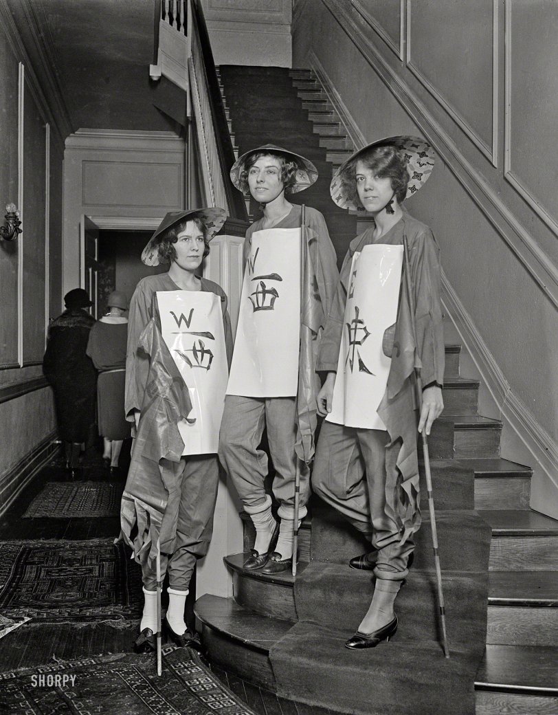 Mah Jong Game Fantasy
Colorful Chinese Legend Enacted
With Society Girls as Human Tiles.
Feb. 6, 1925. "Three Washington society buds in spectacle. The misses Beatrice McLean (left), debutante daughter of Capt. and Mrs. Ridley McLean; Helen Thompson; and Eugenie LeJeune, daughter of General and Mrs. John A. LeJeune; all members of the 'Group of the Winds' who will take part in the human 'Game of Mah Jongg, The Great Dramatic Spectacle,' to be presented for the first time in the Washington Auditorium under the auspices of the Belleau Wood Memorial Association." Harris &amp; Ewing Collection glass negative. View full size.
