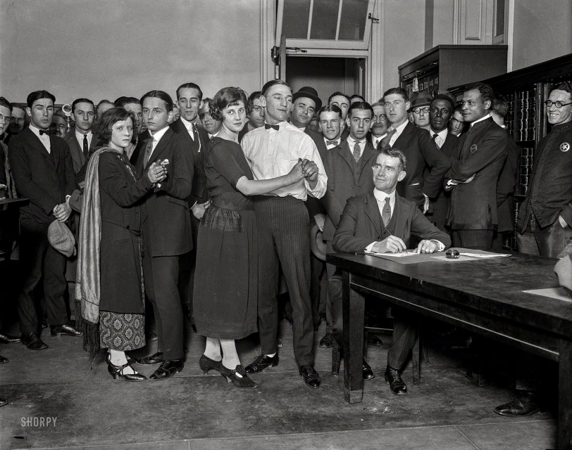 May 10, 1923. Washington, D.C. "Evelyn King, Fred W. Newman, Thelma Reese and W. Gately, marathon dancers, getting licenses to marry." The hoofers last glimpsed here. Harris &amp; Ewing glass negative. View full size.
