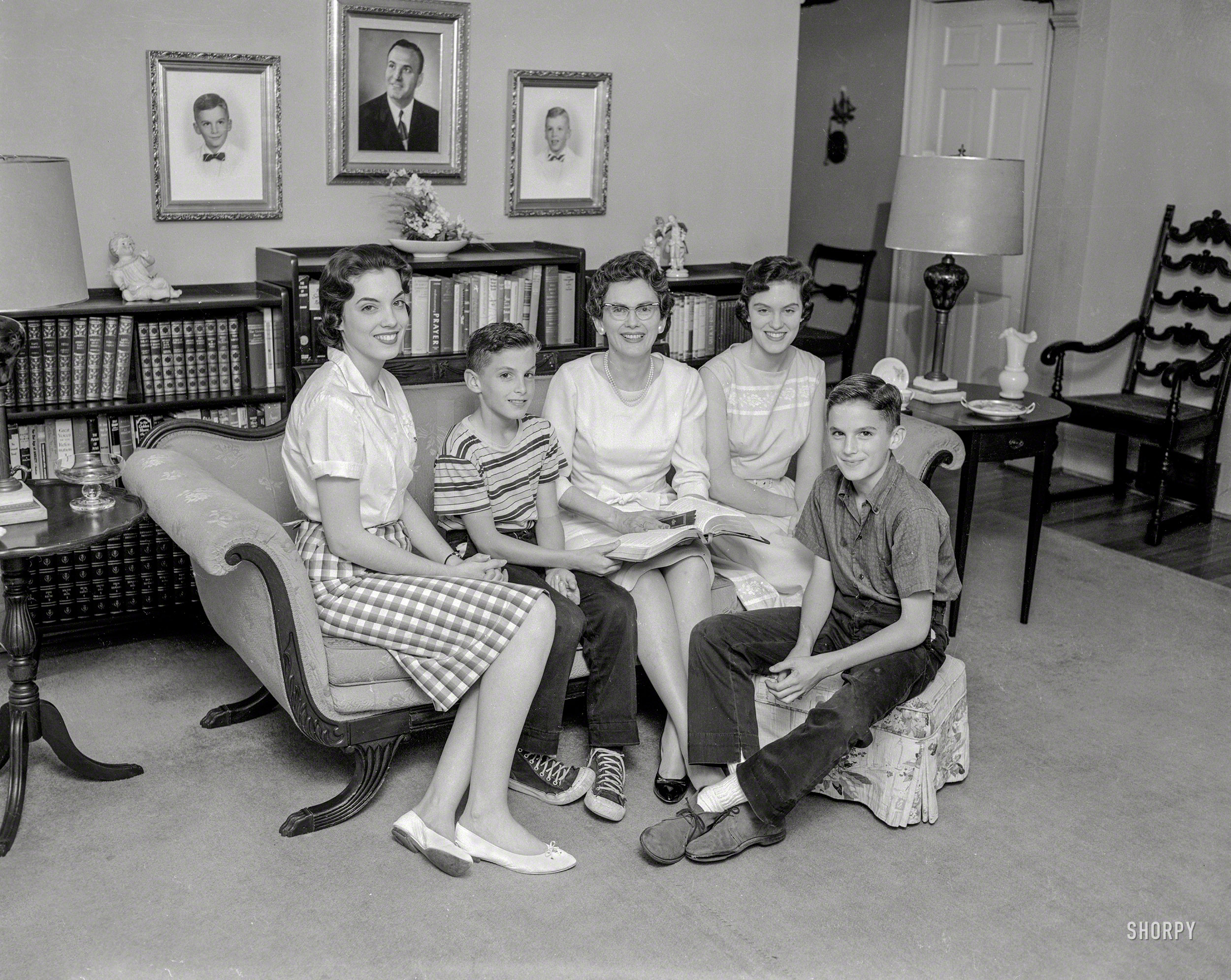 From circa 1960 comes this uncaptioned News Archive photo of a family whose reading would seem to favor religious and inspirational titles, chief among them the Bible in Mother's lap. 4x5 acetate negative. View full size.