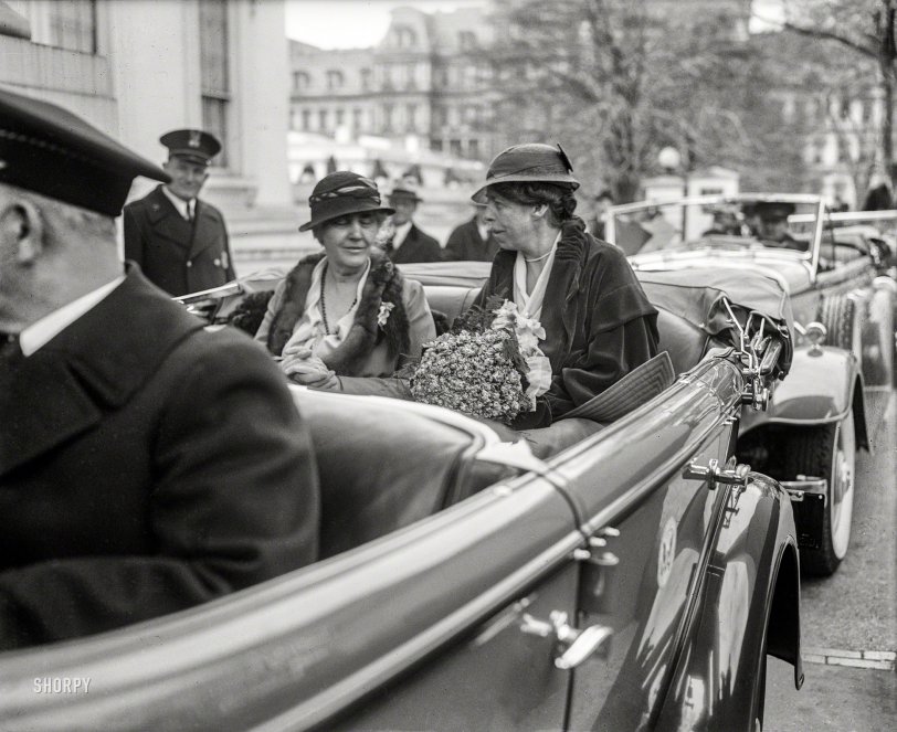 March 4, 1933. "Lou Henry Hoover and Eleanor Roosevelt in First Ladies' car of Inaugural motorcade. Inauguration of Franklin D. Roosevelt as 32nd President of the United States." Harris &amp; Ewing Collection glass negative. View full size.
