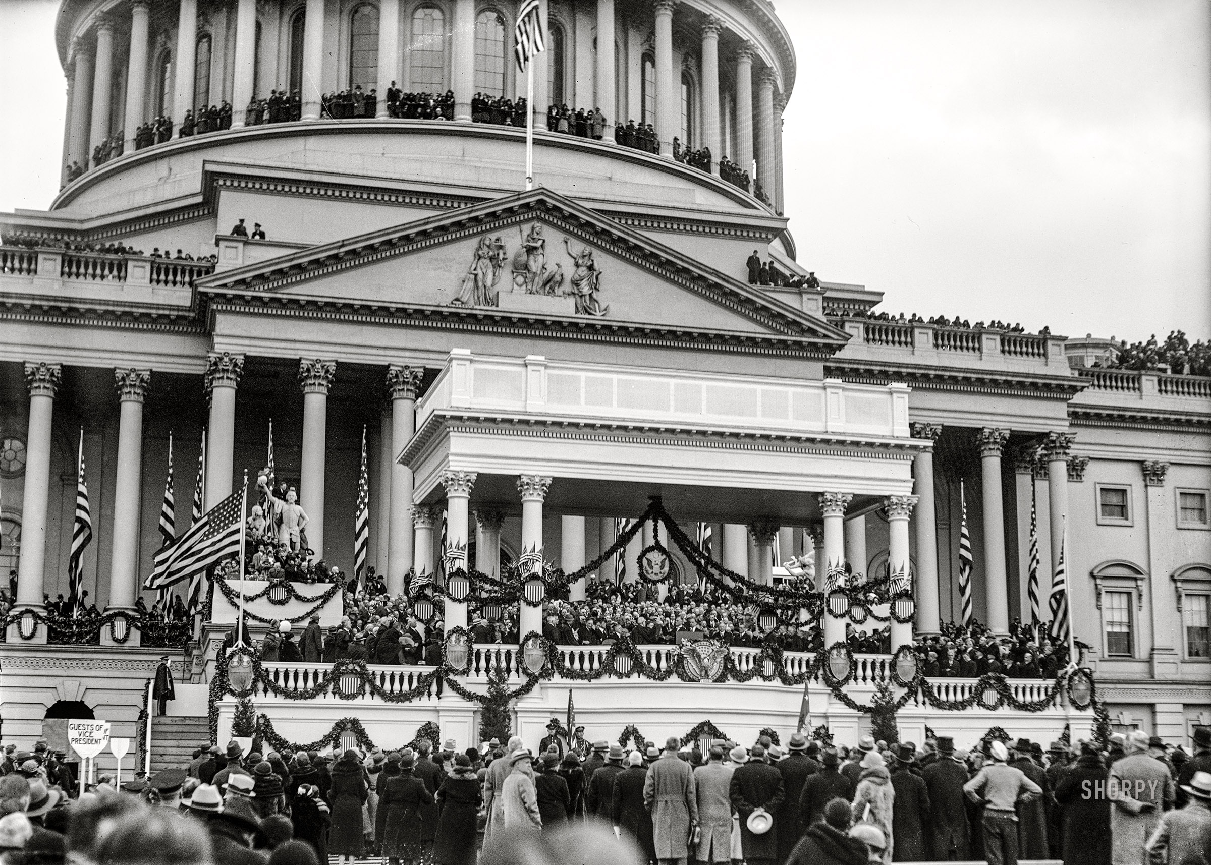 March 4, 1933. "Inauguration of Franklin D. Roosevelt as President and John Nance Garner as Vice President. Podium at U.S. Capitol East Portico, Washington, D.C." This 37th presidential inauguration, the first of four for FDR, was the last to be held in March before Inauguration Day was moved to January by the 20th Amendment. Harris & Ewing glass negative. View full size.