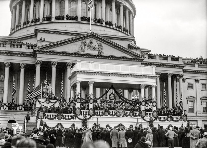March 4, 1933. "Inauguration of Franklin D. Roosevelt as President and John Nance Garner as Vice President. Podium at U.S. Capitol East Portico, Washington, D.C." This 37th presidential inauguration, the first of four for FDR, was the last to be held in March before Inauguration Day was moved to January by the 20th Amendment. Harris &amp; Ewing glass negative. View full size.
