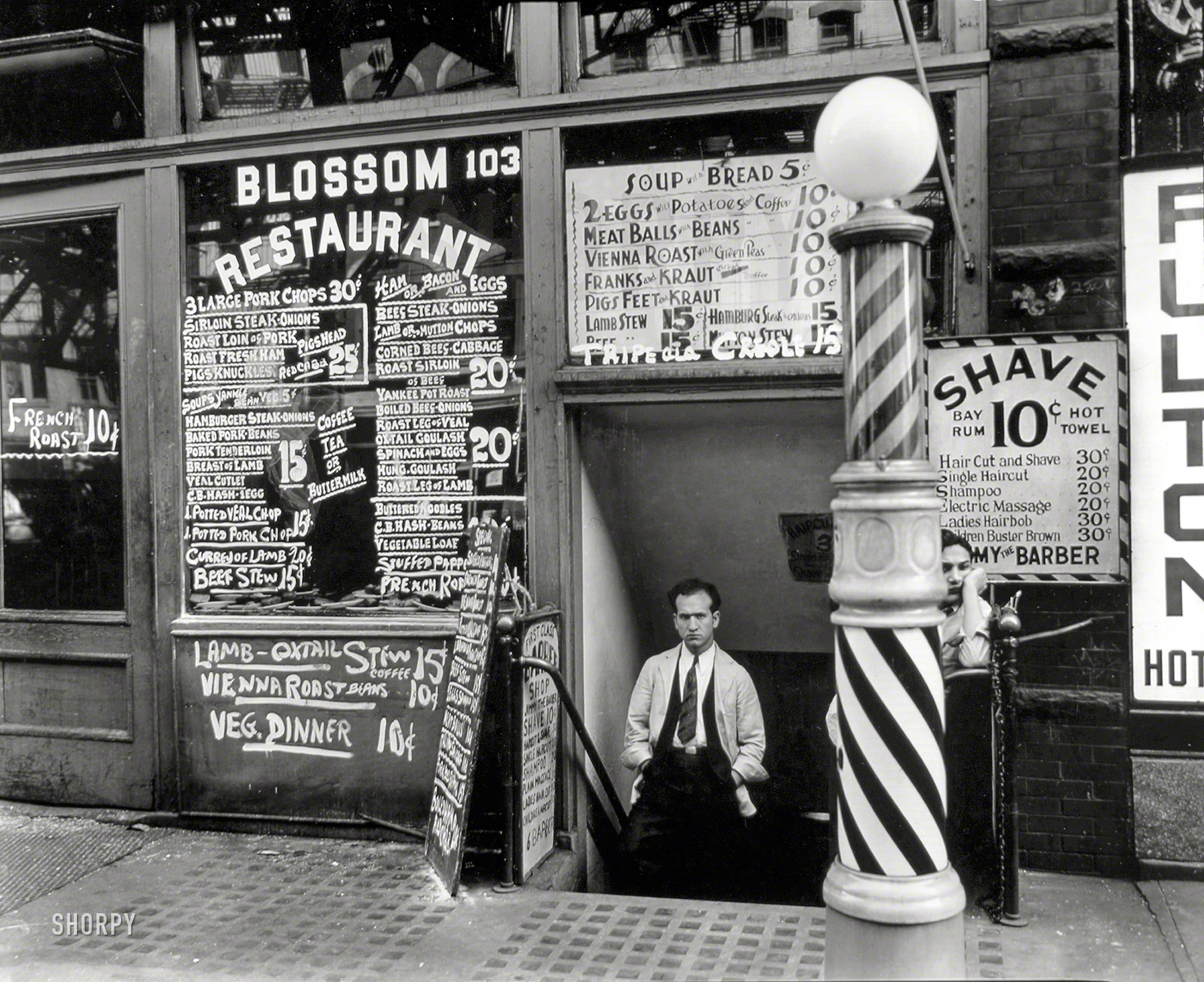 Oct. 3, 1935. "Blossom Restaurant, 103 Bowery, Manhattan." 8x10 gelatin silver print by Berenice Abbott for the Federal Art Project. View full size.
