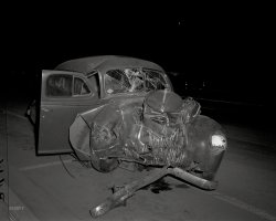 Oakland, California, circa 1957. "Late Final." 4x5 acetate negative from the News Archive, wrapping up Motor Mayhem Monday. View full size.