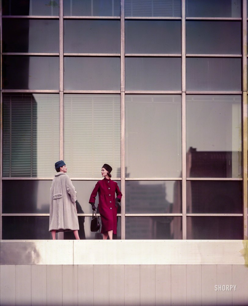 June 1956. "Women modeling fall and winter clothing at Lever House, New York." Medium format color transparency from photos by Gleb Derujinsky for the Look magazine assignment "Shape of Things to Come." View full size.

