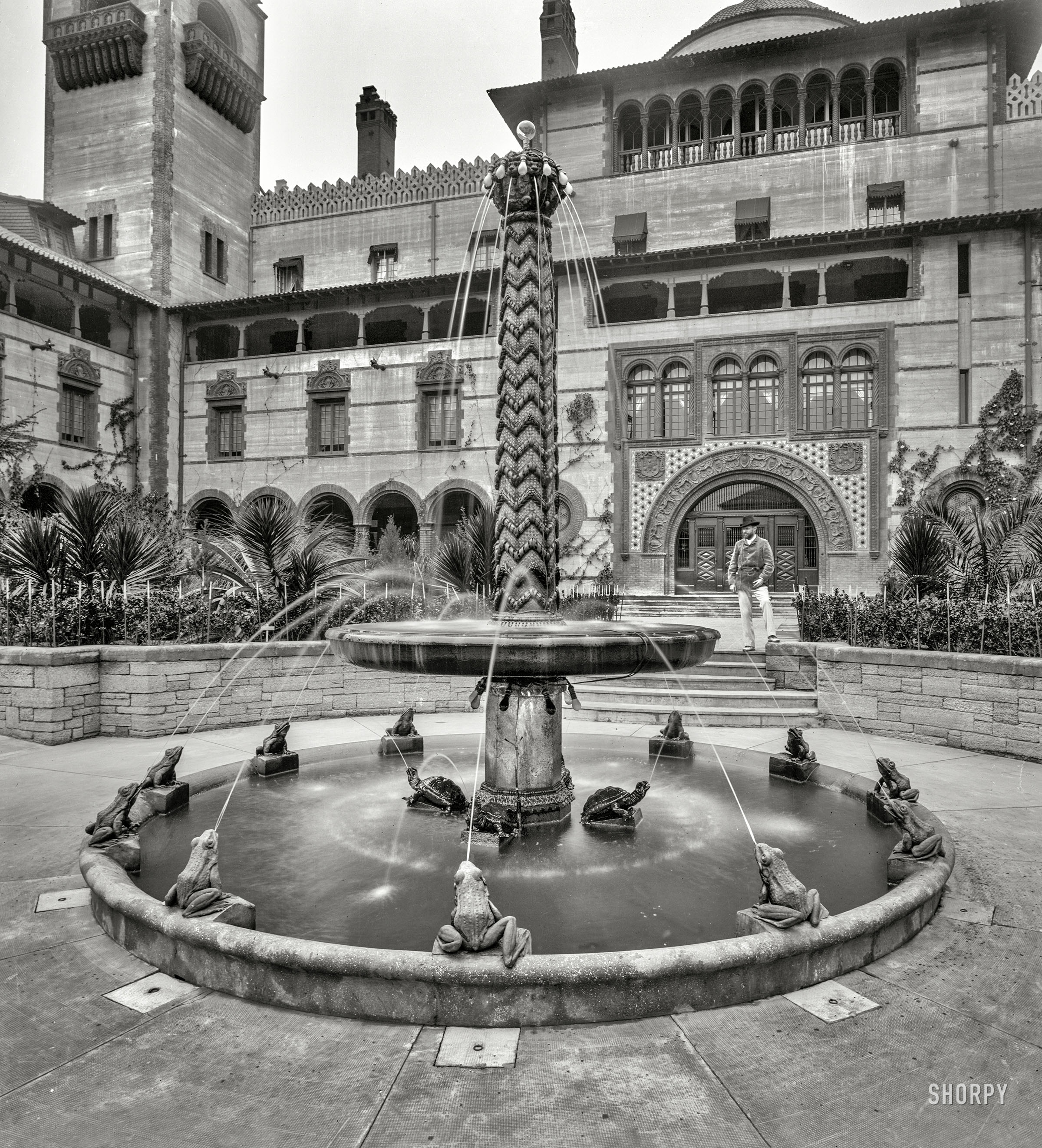 St. Augustine, Florida, circa 1897. "Fountain at Ponce de Leon Hotel." A phantasmagoria of Edison bulbs and expectorating amphibians. 8x10 inch dry plate glass negative by William Henry Jackson. View full size.