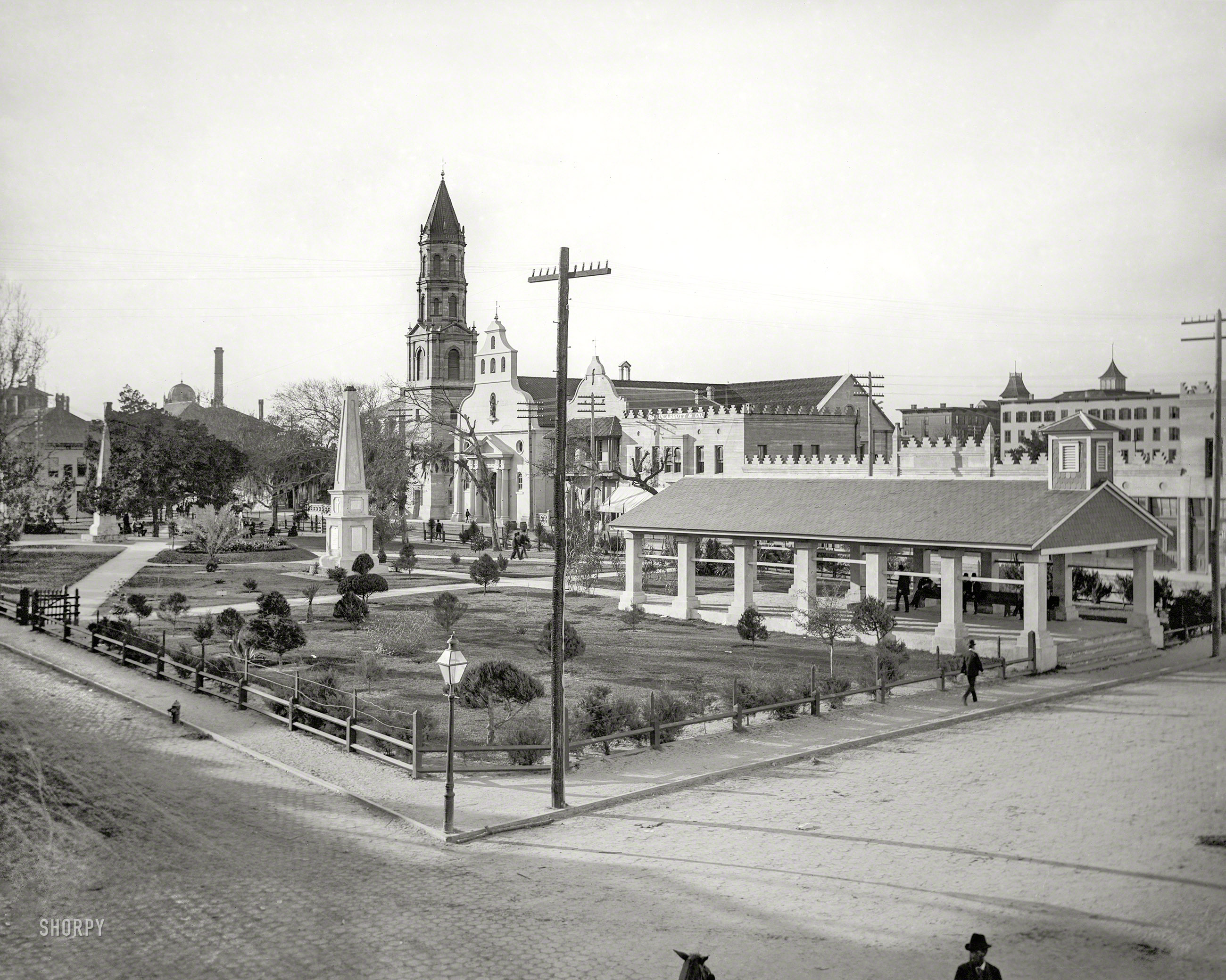 Florida circa 1897. "The Plaza, St. Augustine." 8x10 inch dry plate glass negative by William Henry Jackson, Detroit Photographic Company. View full size.