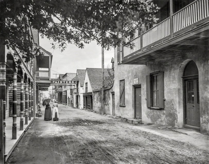 St. Augustine, Florida, circa 1894. "St. George Street." Trading in paint, window glass and wallpaper for the old houses in the nation's oldest city. 8x10 inch dry plate glass negative by William Henry Jackson. View full size.
