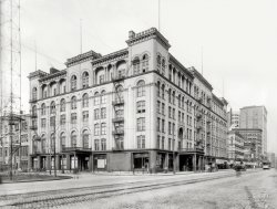 Detroit circa 1899. "Hotel Cadillac, Washington Boulevard." At left, the base of an electric arc lamp, part of the city's "moonlight tower" municipal lighting system. 8x10 inch dry plate glass negative. View full size.