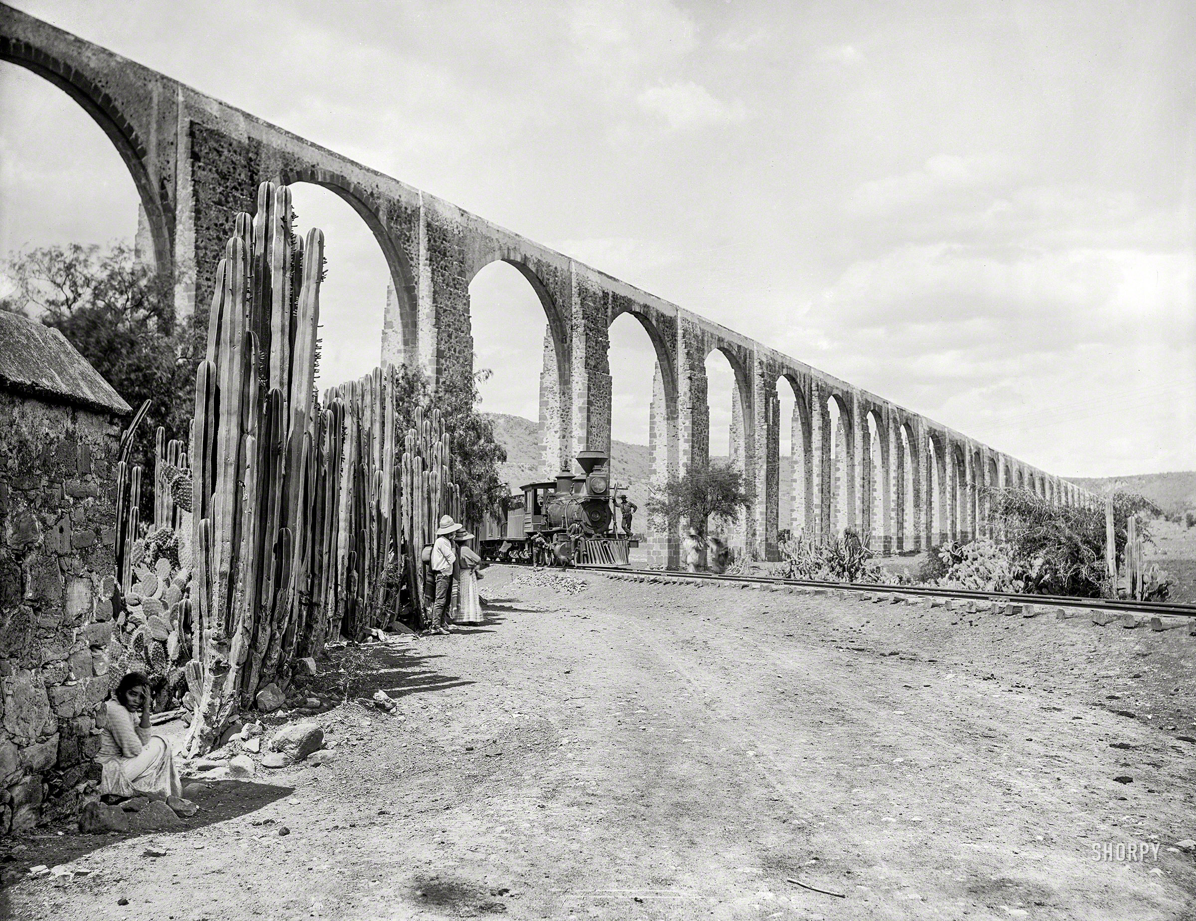 Circa 1897. "Mexican Central Railway -- the Aqueduct at Queretaro." 8x10 inch dry plate glass negative by William Henry Jackson. View full size.