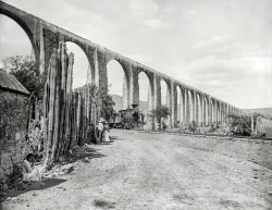 Circa 1897. "Mexican Central Railway -- the Aqueduct at Queretaro." 8x10 inch dry plate glass negative by William Henry Jackson. View full size.