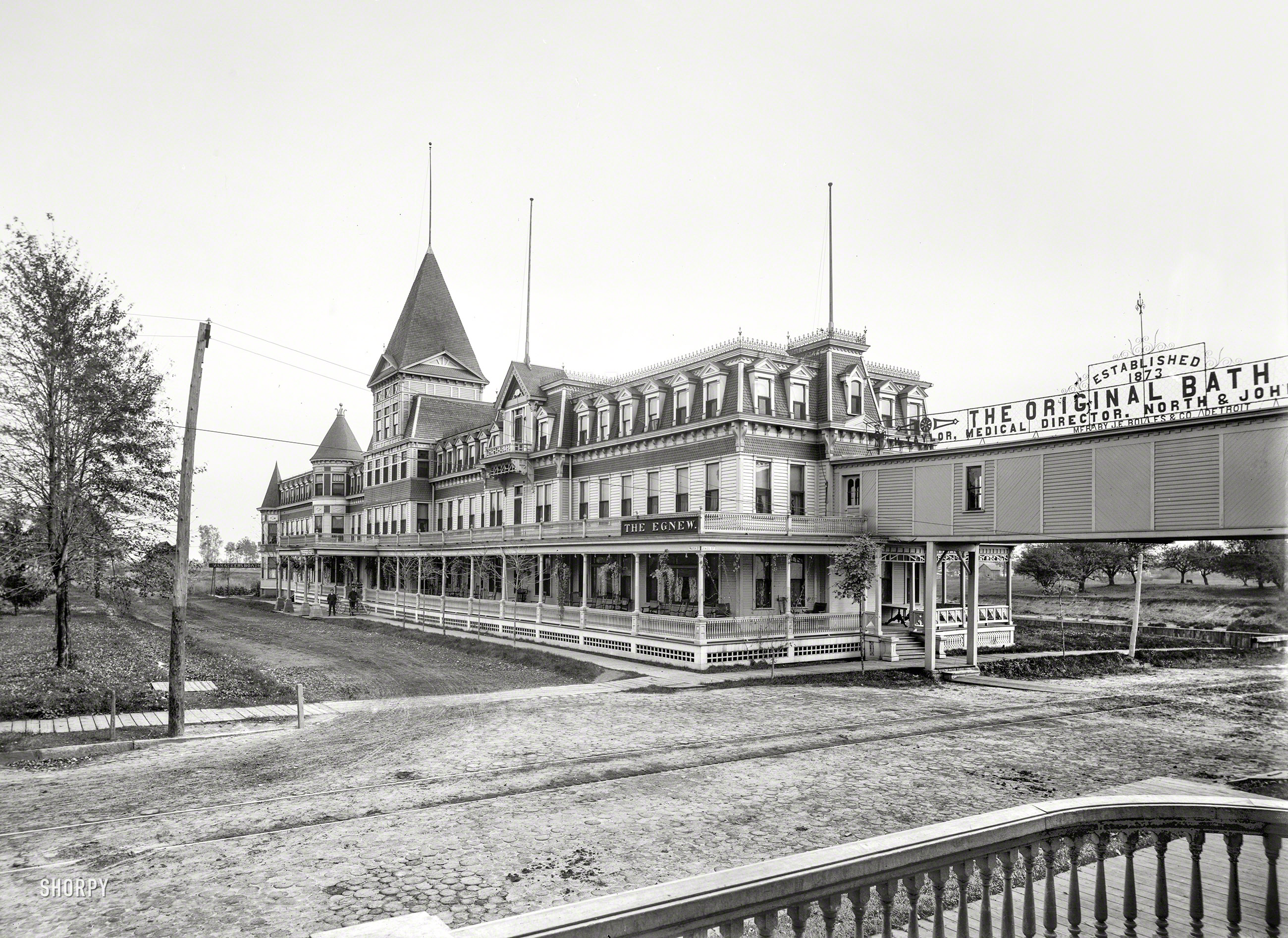 Mount Clemens, Mich., ca. 1899. "Egnew Hotel." Connected to THE ORIGINAL BATH HOUSE across the street. 8x10 inch glass negative. View full size.