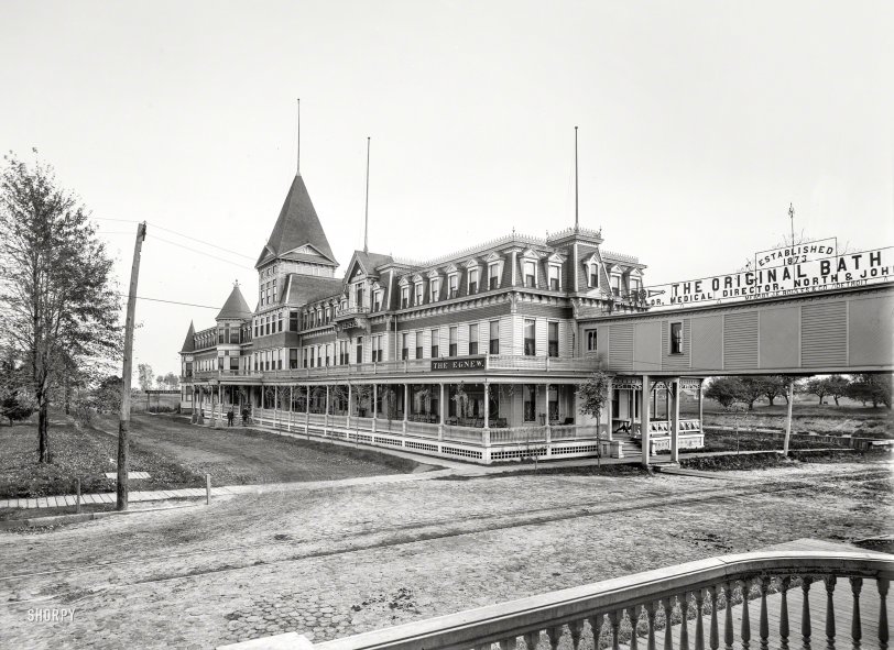 Mount Clemens, Mich., ca. 1899. "Egnew Hotel." Connected to THE ORIGINAL BATH HOUSE across the street. 8x10 inch glass negative. View full size.
