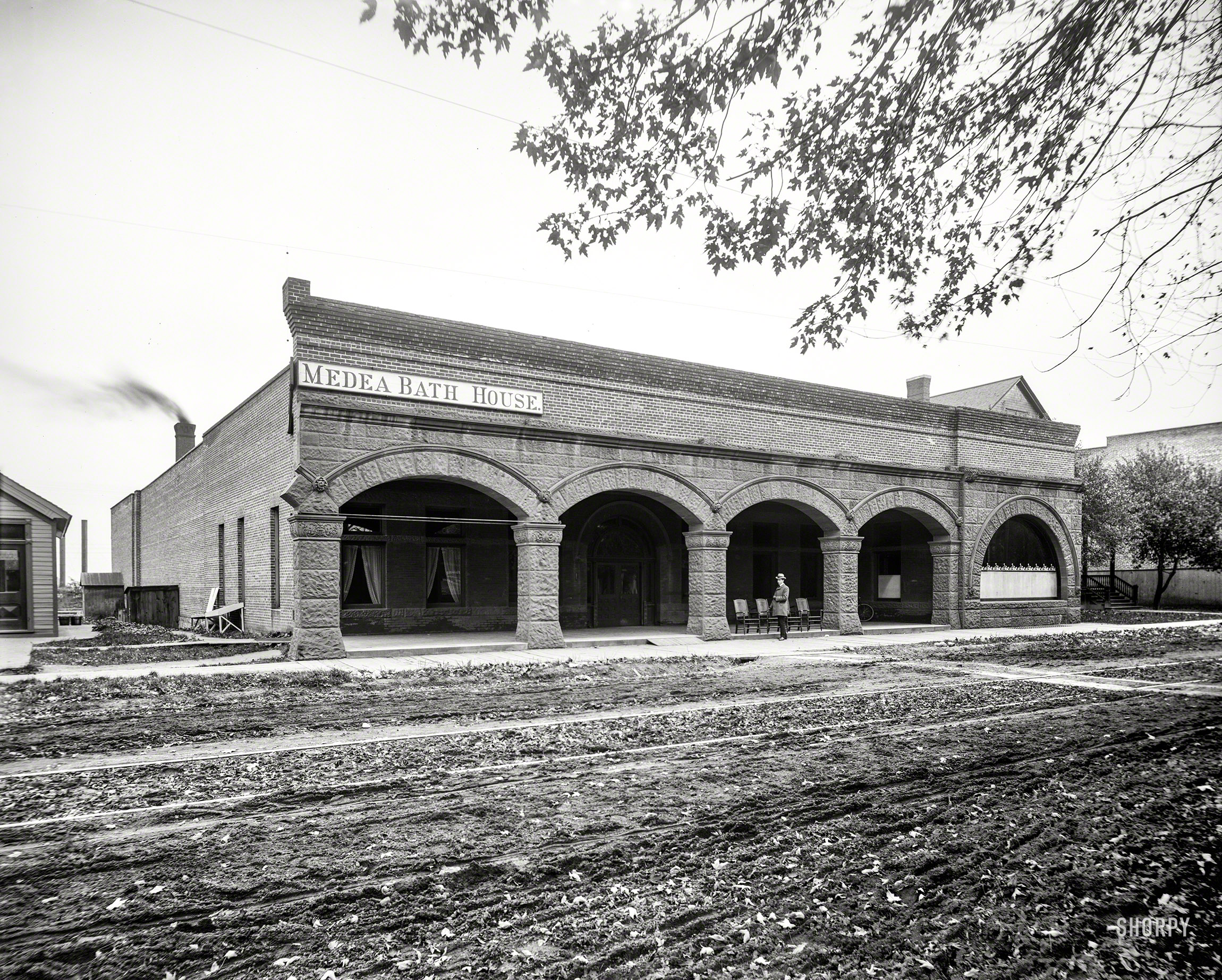 Mount Clemens, Michigan, circa 1899. "Medea Bath House." 8x10 inch dry plate glass negative, Detroit Photographic Company. View full size.