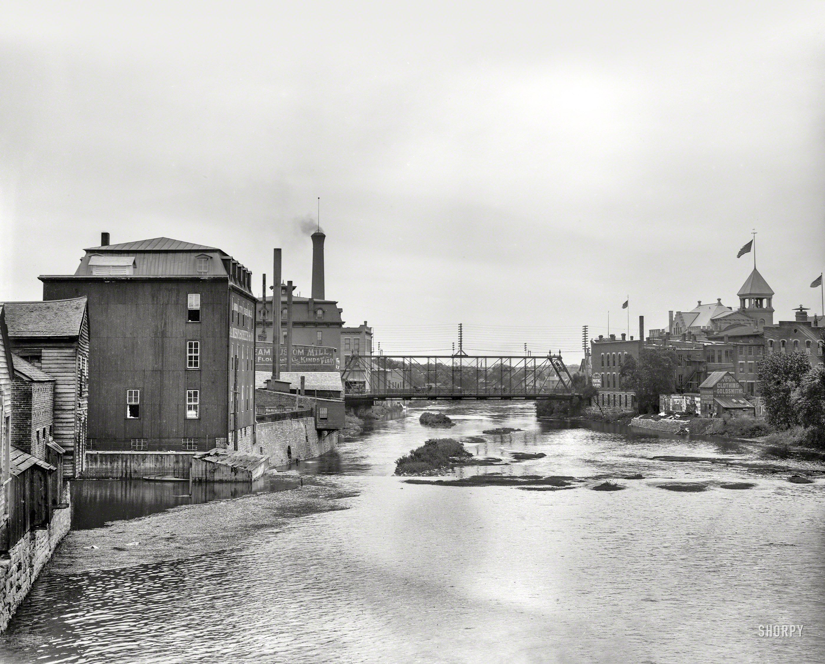 Circa 1899. "Fox River at Aurora, Illinois. Scene on the Chicago & North Western Railway." 8x10 inch glass negative, Detroit Photographic Co. View full size.