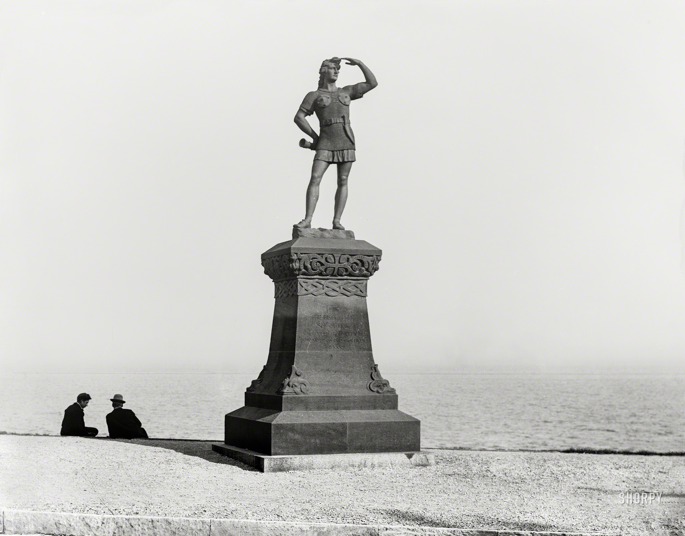 LEIF THE DISCOVERER
SON OF ERIK
WHO SAILED FROM ICELAND
AND LANDED ON THIS CONTINENT
A.D. 1000
The shores of Lake Michigan circa 1899. "Leif Erikson statue, Milwaukee, Wisconsin." 8x10 inch dry plate glass negative. View full size.