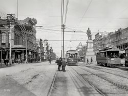New Orleans circa 1900. "Henry Clay Monument, Canal Street." 8x10 inch dry plate glass negative, Detroit Photographic Company. View full size.