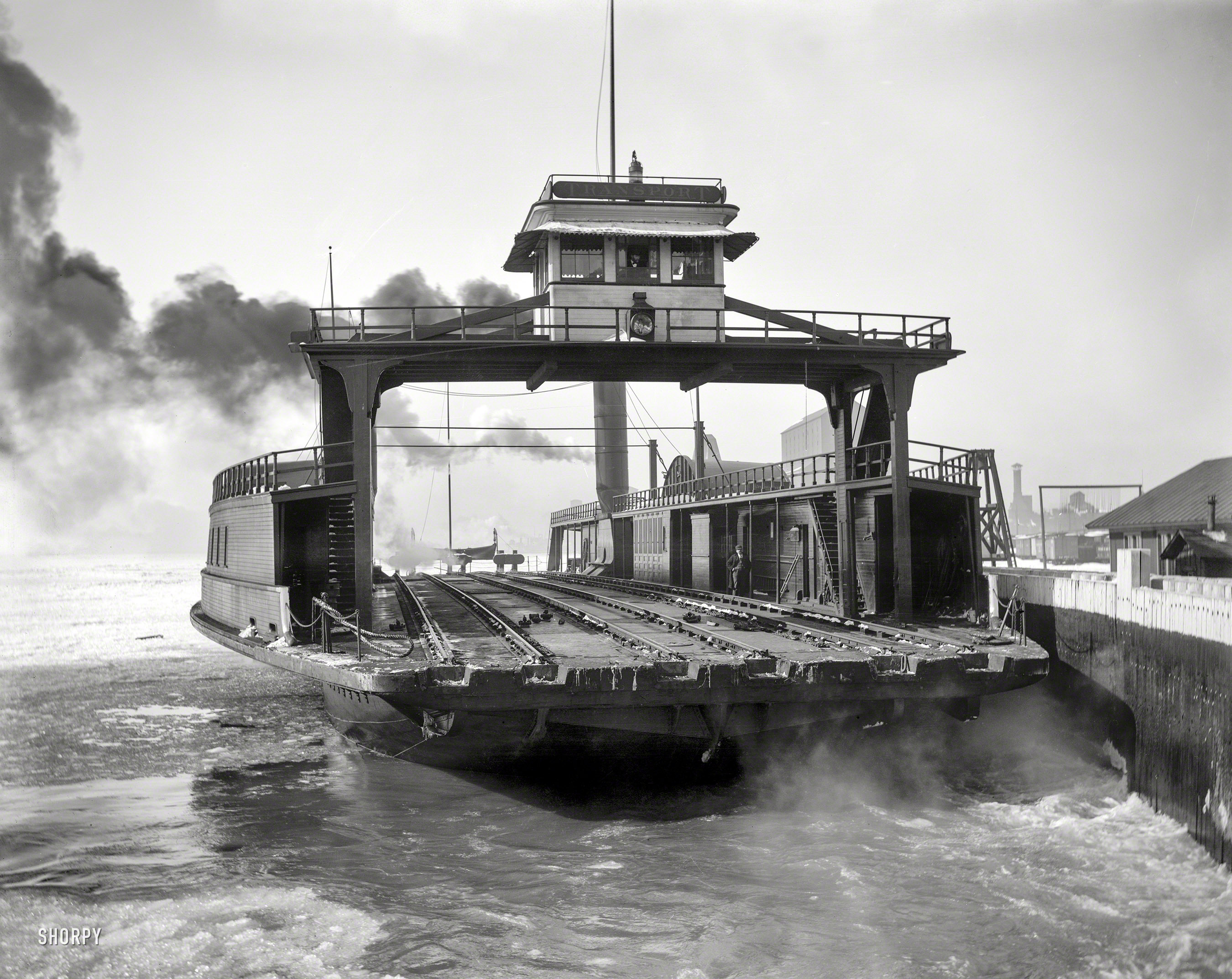 Circa 1900. "Car ferry Transport, Detroit River." The unloaded version of this. 8x10 inch dry plate glass negative, Detroit Publishing Co. View full size.