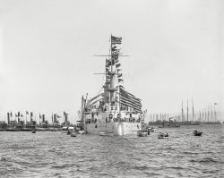 Boston circa 1900. "Battleship U.S.S. Kearsarge from astern." 8x10 inch dry plate glass negative, Detroit Publishing Company. View full size.