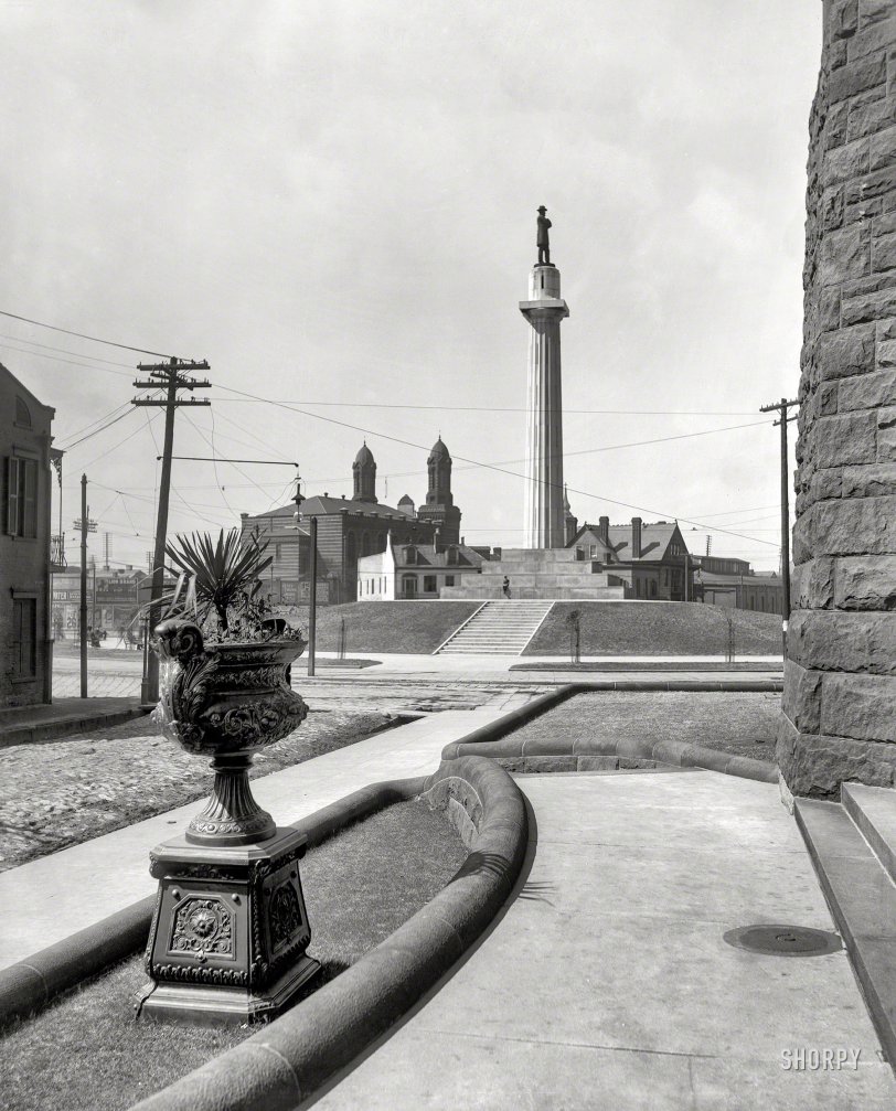 &nbsp; &nbsp; &nbsp; &nbsp; The statue was removed by official order and moved to an unknown location on May 19, 2017. (Wikipedia)
New Orleans circa 1900. "General Lee monument, Tivoli Circle, St. Charles Avenue." 8x10 inch glass negative, Detroit Photographic Co. View full size.
