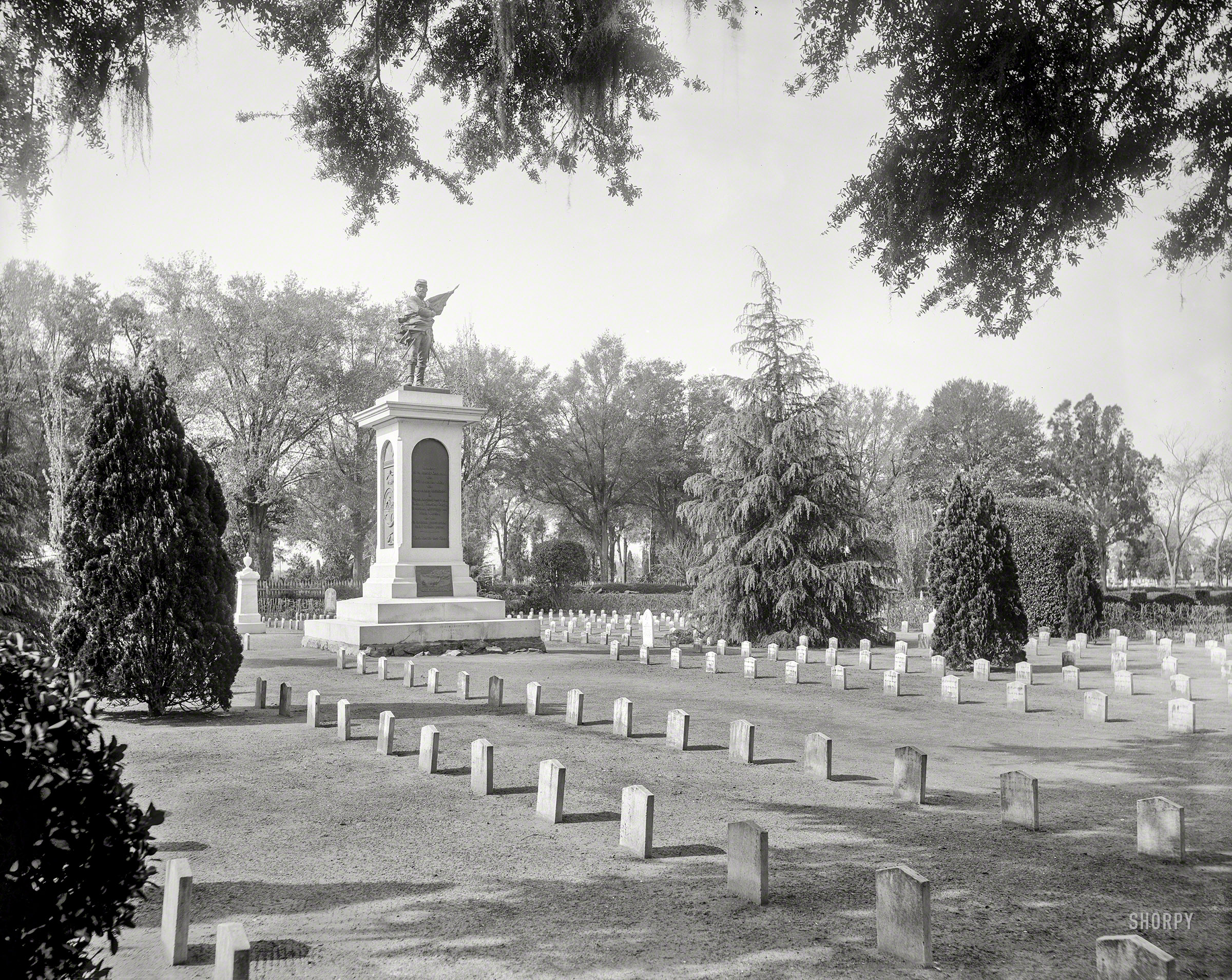 Circa 1900. "Confederate Monument, Magnolia Cemetery, Charleston, S.C." 8x10 inch dry plate glass negative, Detroit Publishing Company. View full size.