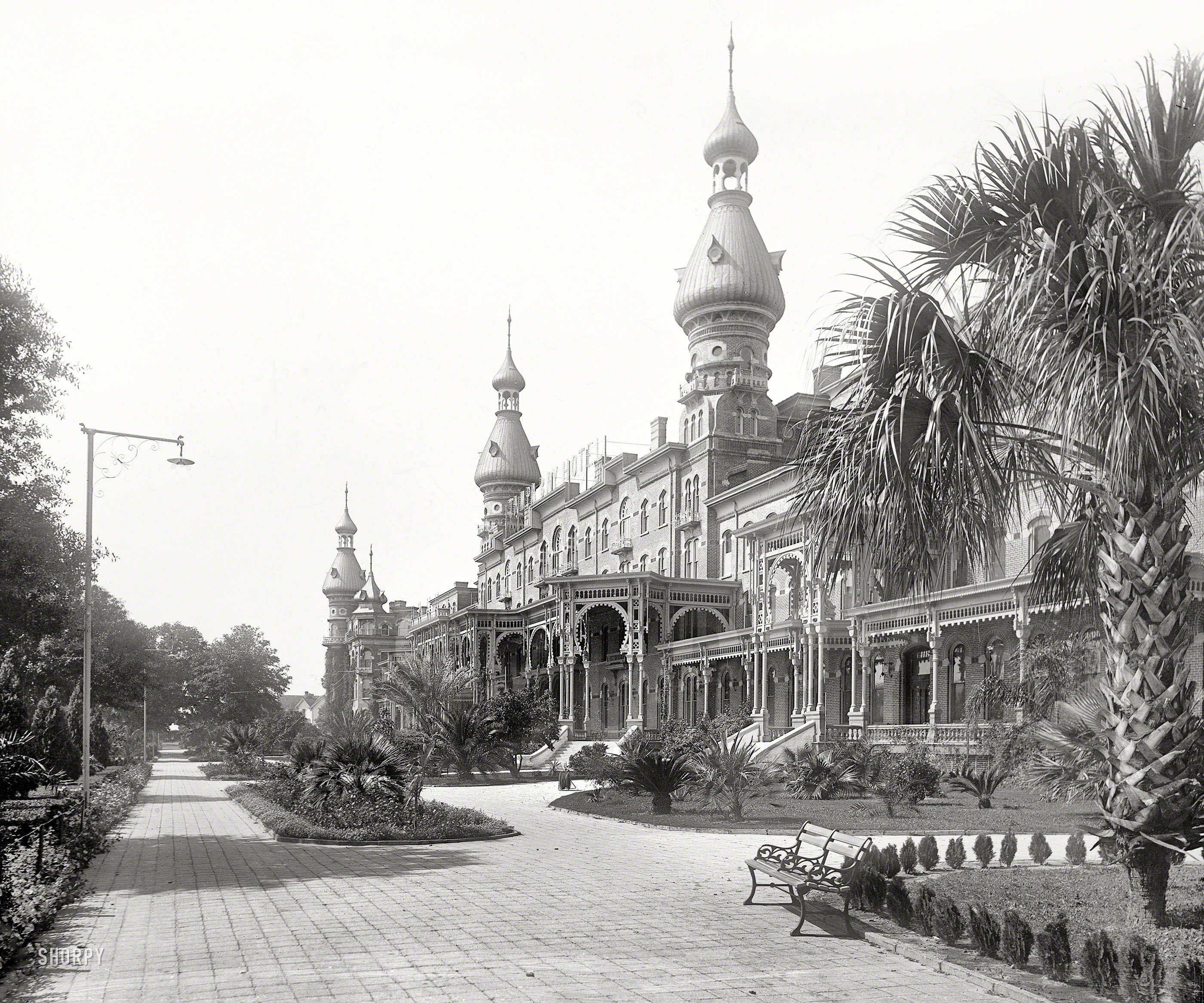 Florida circa 1900. "Tampa Bay Hotel." A 500-room resort opened in 1891 by steamship and railroad magnate Henry Plant, now home to the Henry B. Plant Museum on the University of Tampa campus. 8x10 glass negative. View full size.