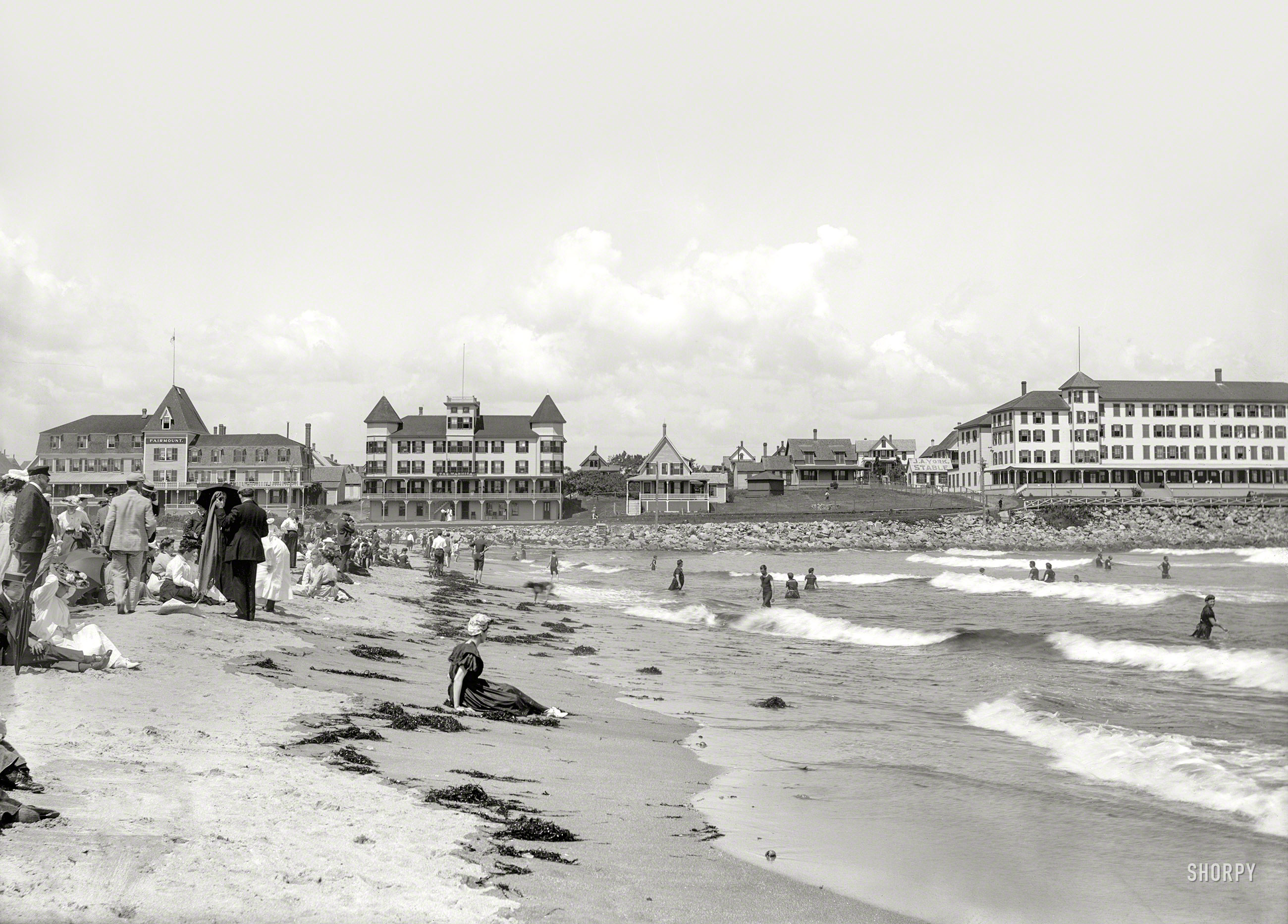 Circa 1906. "Bathing at York Beach, Maine." Where seaside resorts include the Fairmount and the Wahnita. 8x10 inch glass negative. View full size.