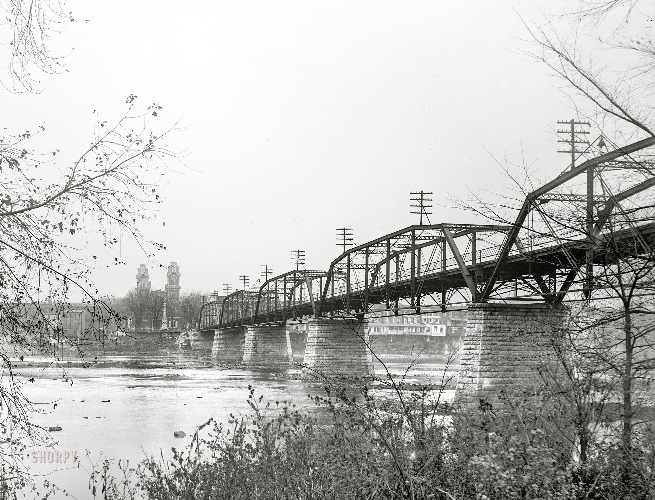 Tioga County, New York, circa 1901. "Bridge over the Susquehanna at Owego." With another message from J.C. Kenyon. 8x10 glass negative, Detroit Photographic Company. View full size.