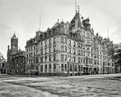 Boston circa 1900. "Hotel Vendome, Dartmouth Street and Commonwealth Avenue." 8x10 glass negative, Detroit Publishing Company. View full size.