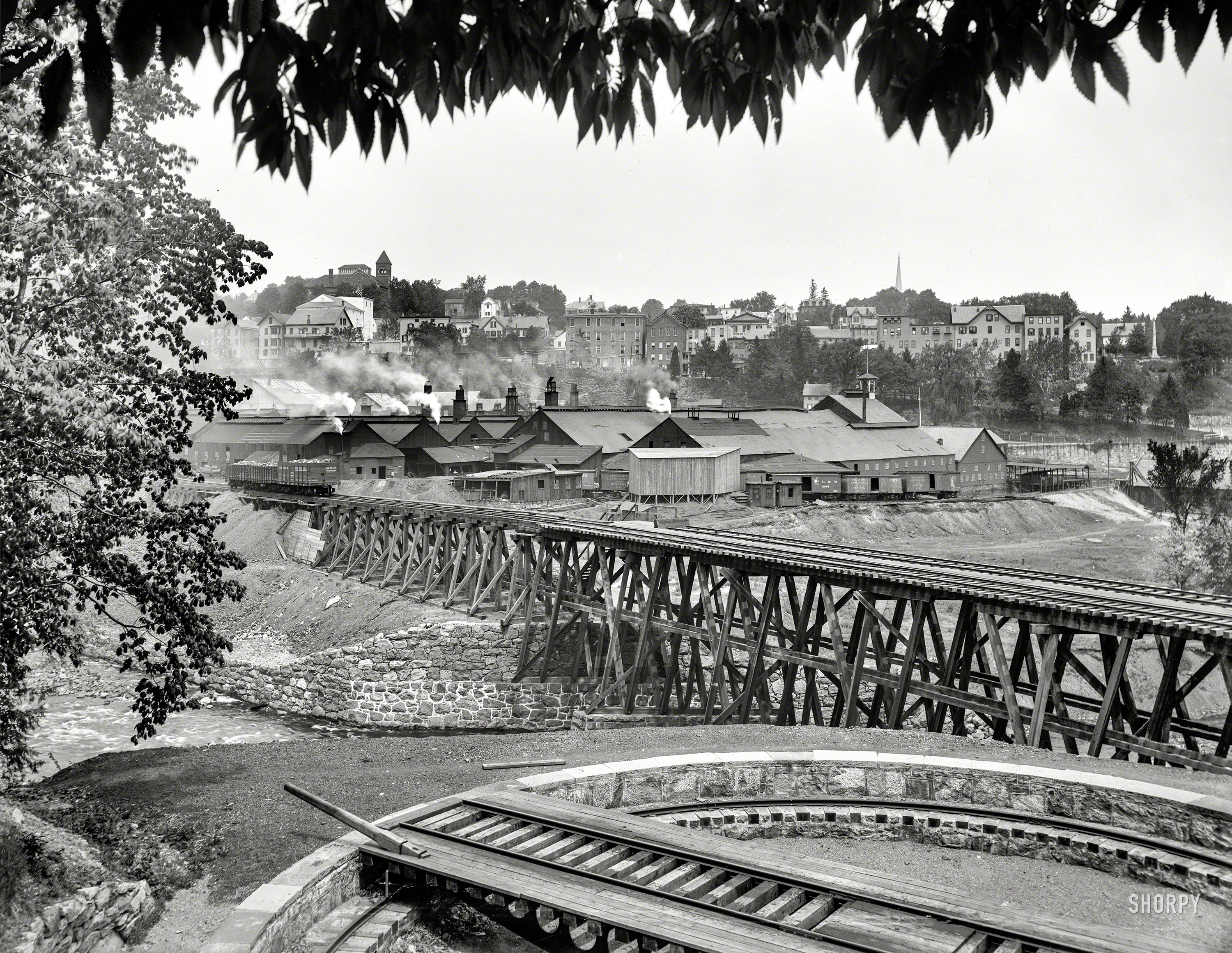 Circa 1901. "Railroad tracks and trestle at Boonton, New Jersey." 8x10 inch dry plate glass negative, Detroit Publishing Company. View full size.
