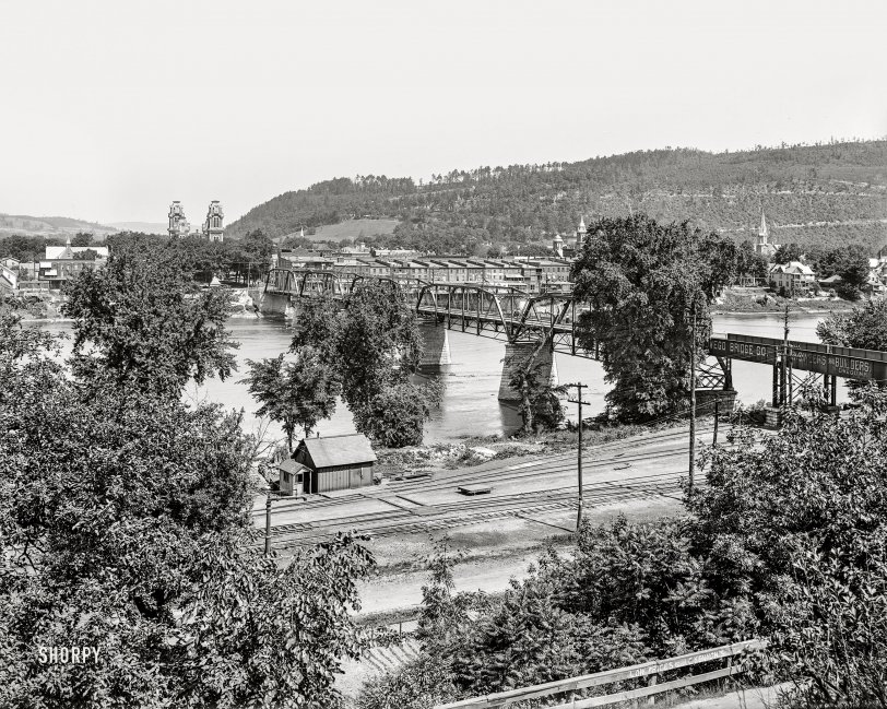 Tioga County, New York, circa 1901. "General view of Owego, N.Y., and the Susquehanna." At far left, a tantalizing glimpse of Hamilton's Novelty Works. Bottom right, J.C. Kenyon and his Low Prices continue to beckon. 8x10 glass negative, Detroit Photographic Co. View full size.
