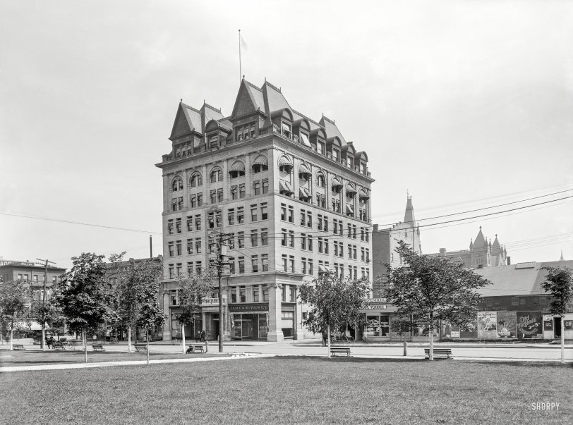 Scranton, Pennsylvania, circa 1901. "Board of Trade and Linden Street." Completed in 1896, this precursor to the city's Chamber of Commerce, known as the Electric Building for almost a century, is a landmark for the giant SCRANTON THE ELECTRIC CITY sign on its roof since the 1920s. View full size.
